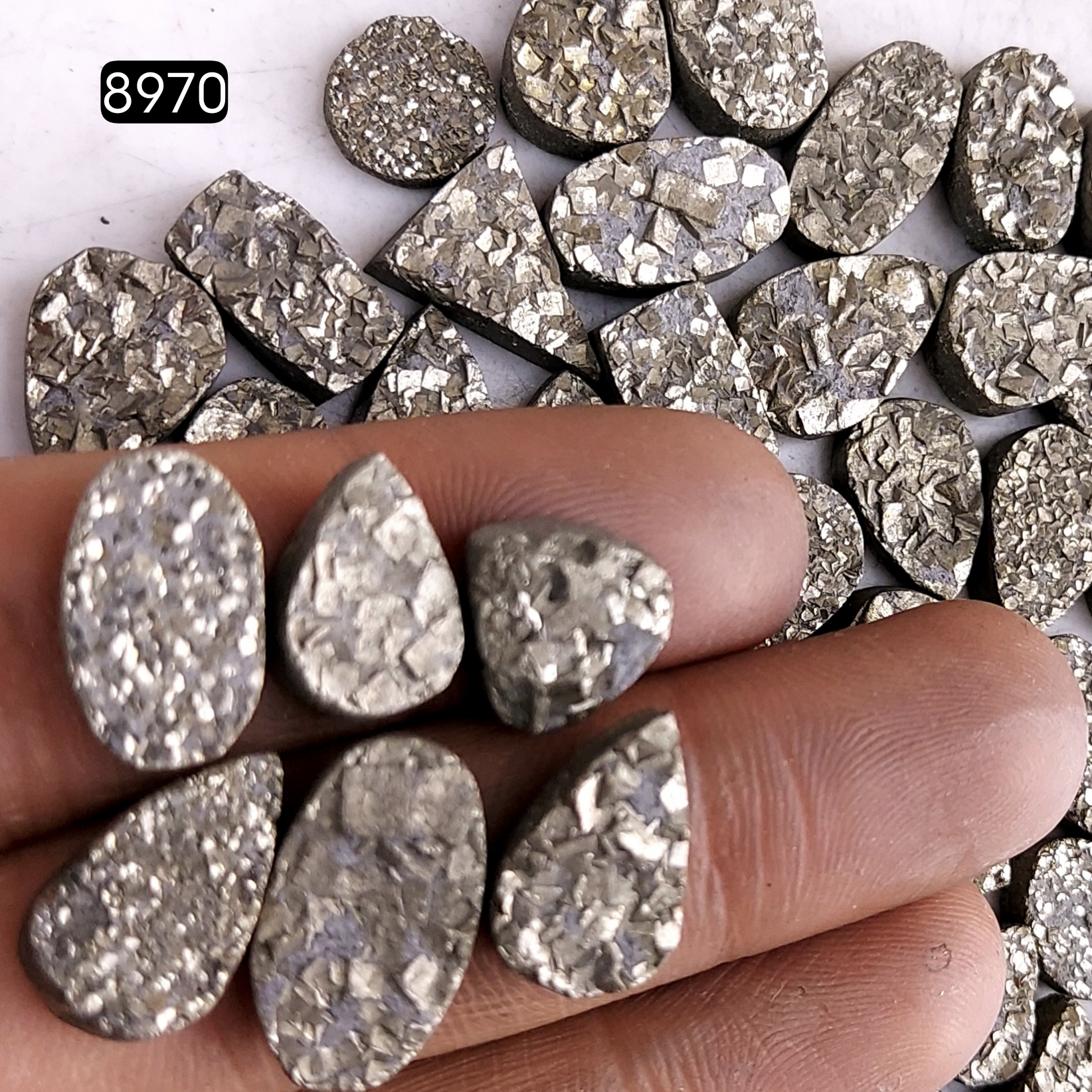 63Pcs 724CtsNatural Golden Pyrite Druzy Loose Cabochon Gemstone Mix Shape And Size For Jewelry Making Lot 14x7 9x9mmR-8970