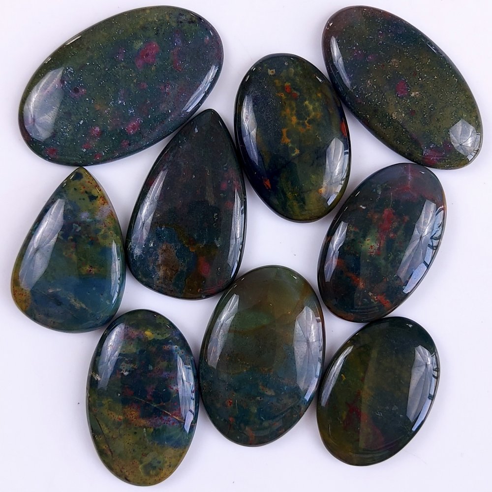 9Pcs 368Cts  Natural Green Blood Stone Loose Cabochon Gemstone Lot For Jewelry Making Gift For Her 45x27 35x20mm#898