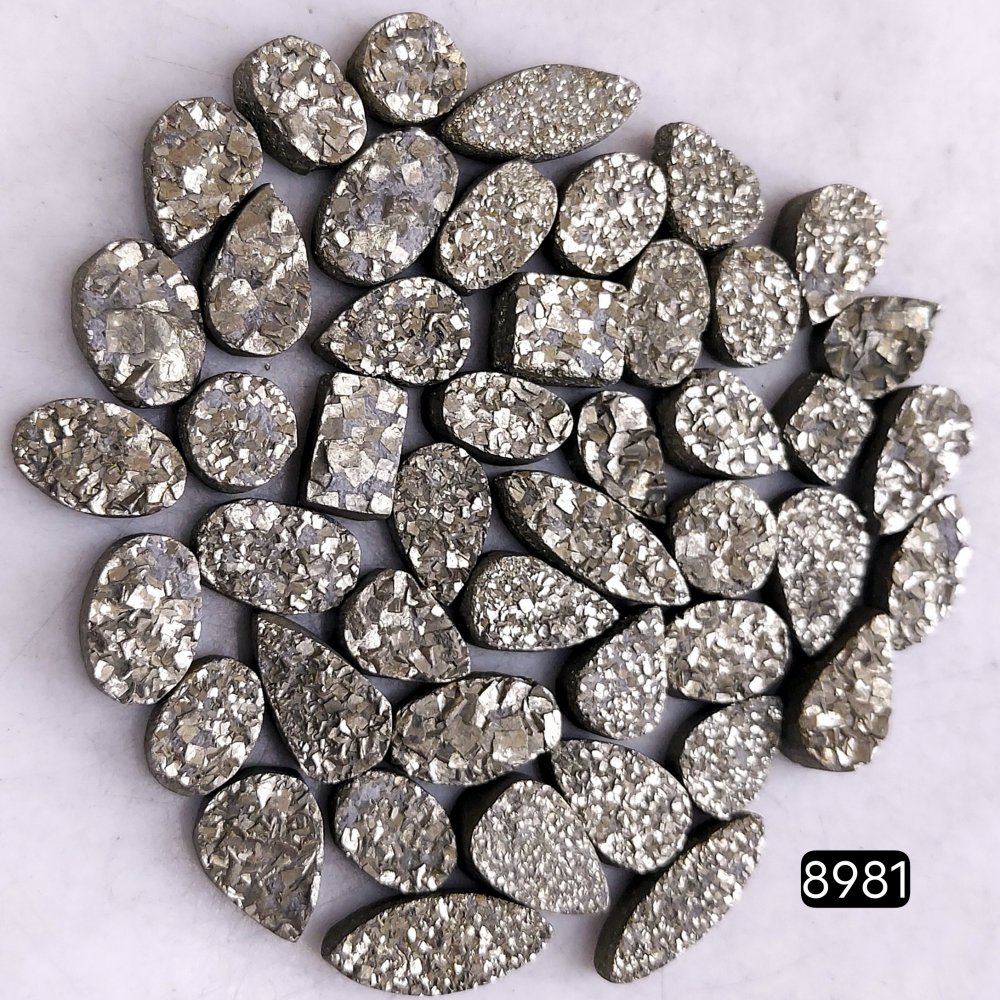 46Pcs 340CtsNatural Golden Pyrite Druzy Loose Cabochon Gemstone Mix Shape And Size For Jewelry Making Lot 16x5 7x5mm#8981