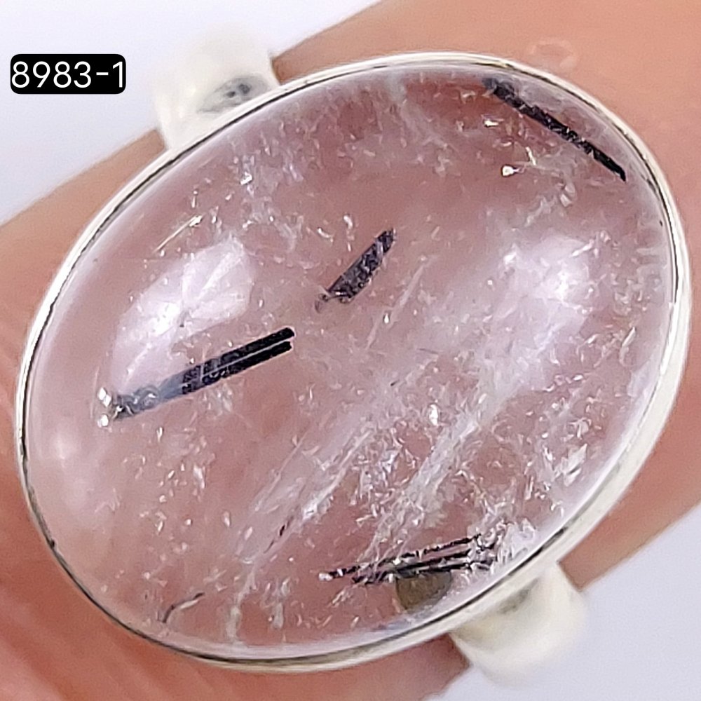 27Cts 925 Sterling Silver Black Rutile Quartz Oval Shape Cabochon Gemstone Adjustable Ring For Gift 26x20mm #8983-1