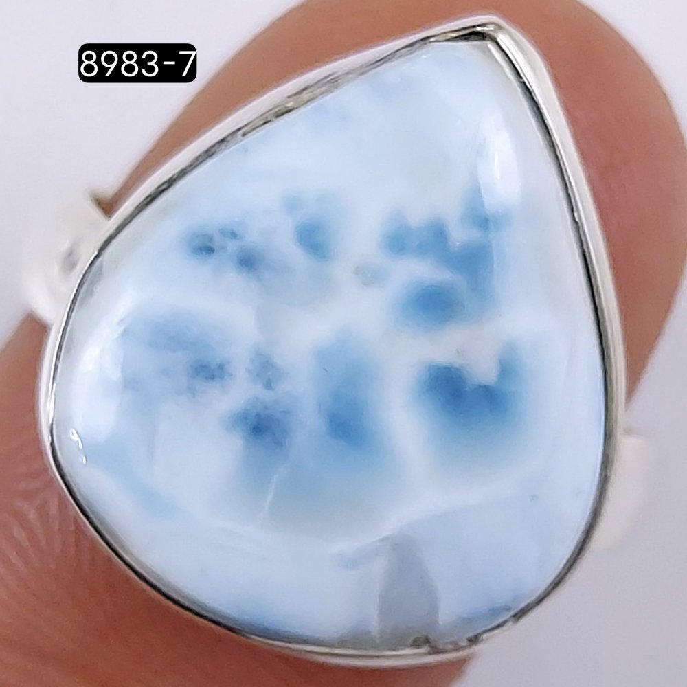 28Cts925 Sterling Silver Natural Blue Larimar Pear Shape Cabochon Gemstone Adjustable Ring 26x21mm#8983-7