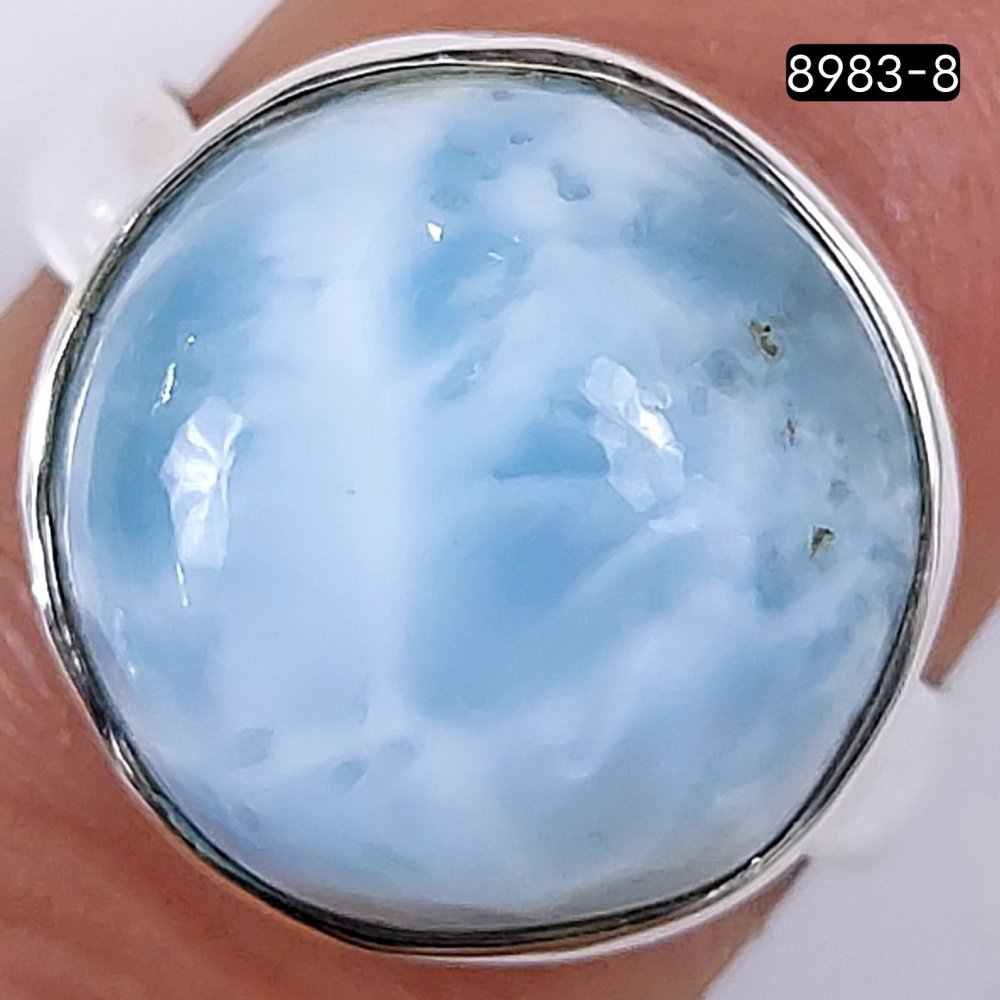 24Cts925 Sterling Silver Natural Blue Larimar Round Shape Cabochon Gemstone Adjustable Ring 26x19mm#8983-8