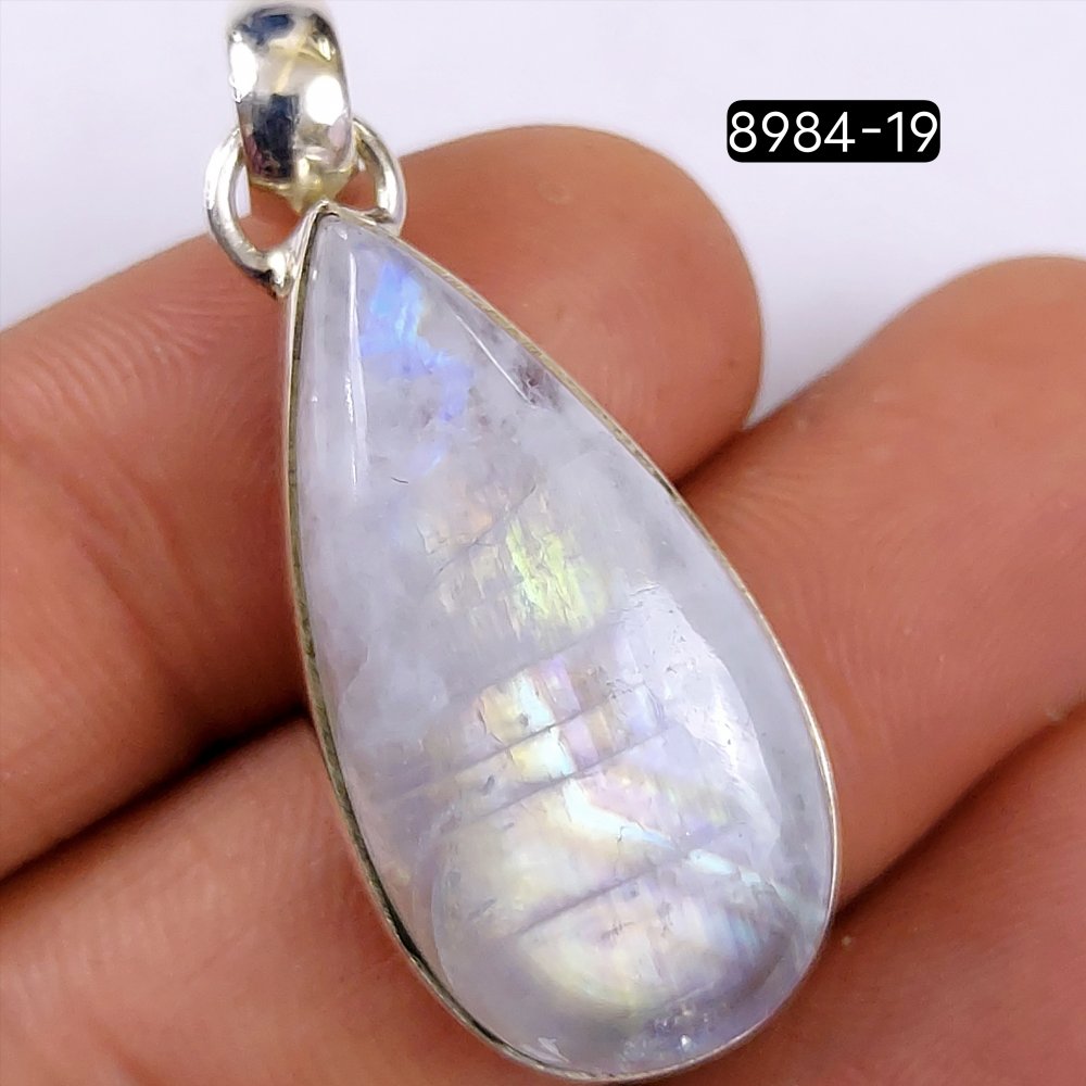 47Cts 925 Sterling Silver Natural Fire Rainbow Moonstone Gemstone Pear Shape Jewelry Pendant34x16mm#8984-19