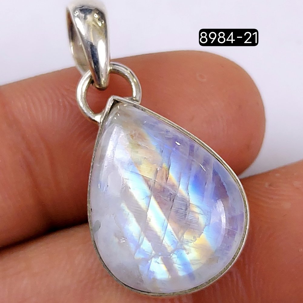 28Cts 925 Sterling Silver Natural Fire Rainbow Moonstone Gemstone Pear Shape Jewelry Pendant25x15mm#8984-21