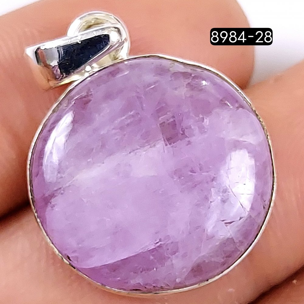 37Cts 925 Sterling Silver Natural Pink Kunzite Gemstone Round Shape Jewelry Pendant25x20mm#8984-28