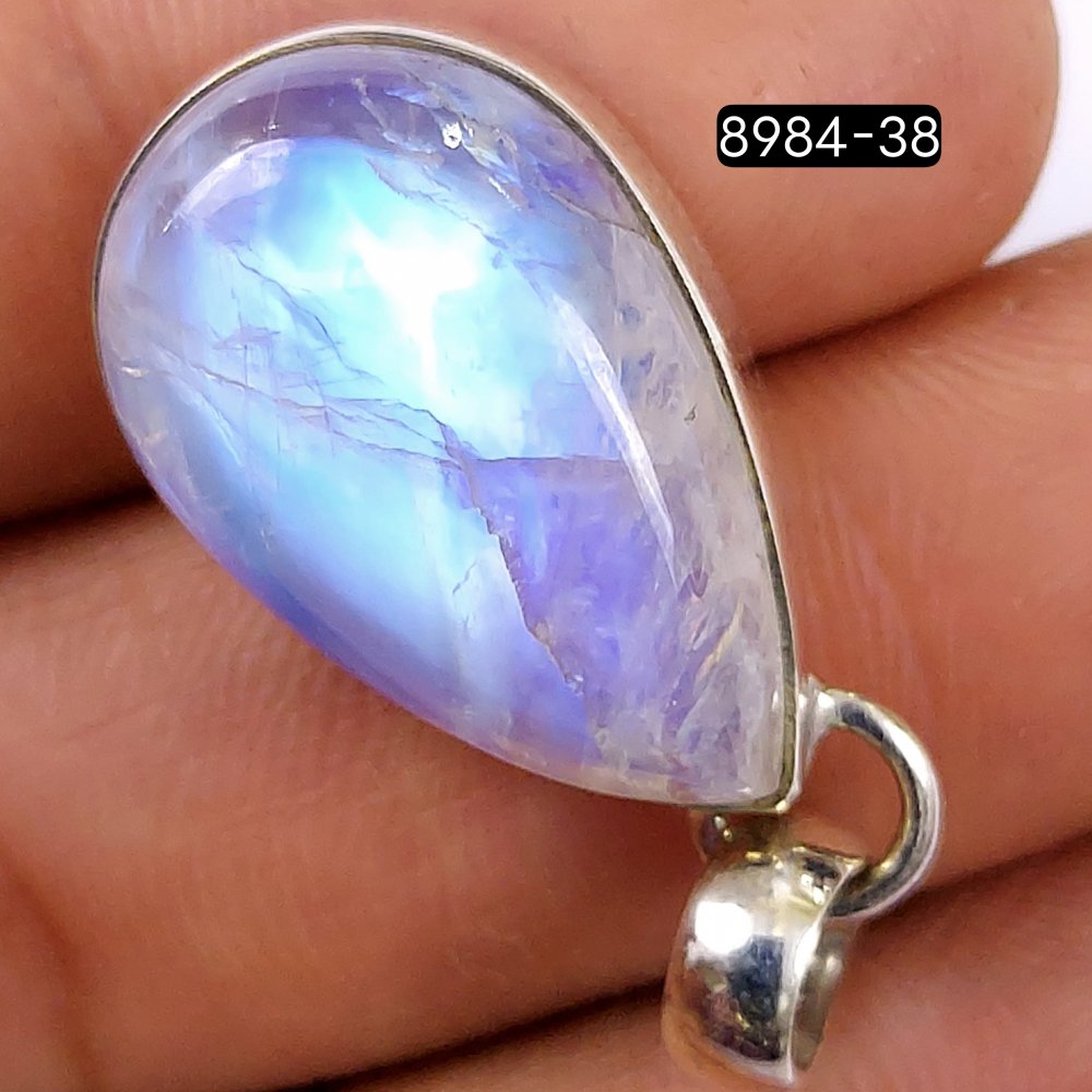 36Cts 925 Sterling Silver Natural Fore Rainbow Moonstone Gemstone Pear Shape Jewelry Pendant28x15mm#8984-38