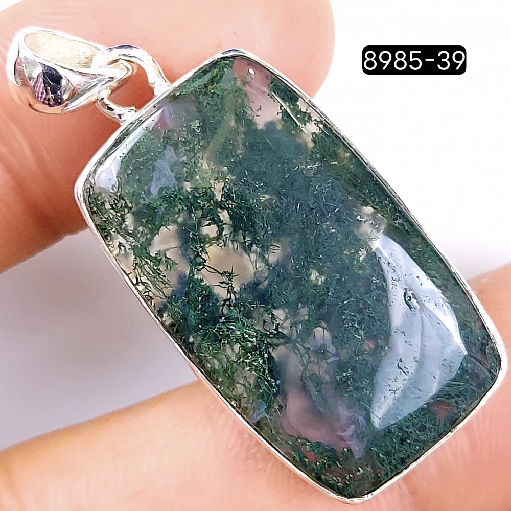 34Cts 925 Sterling Silver Natural Green Moss Agate Rectangle Shape Cabochon Gemstone Jewelry Pendant Lot 35x18mm#8984-39