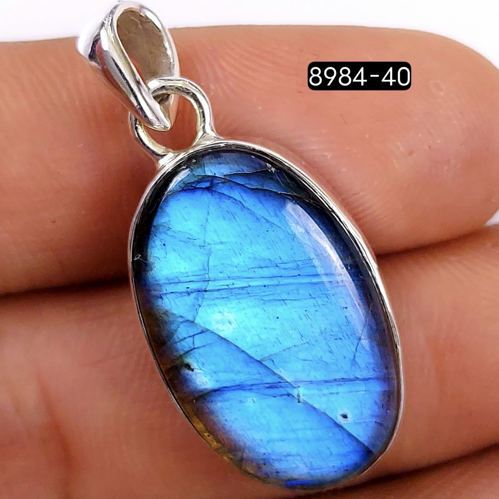 25Cts 925 Sterling Silver Natural Blue Fire Labradorite Gemstone Oval Shape Jewelry Pendant29x15mm#8984-40