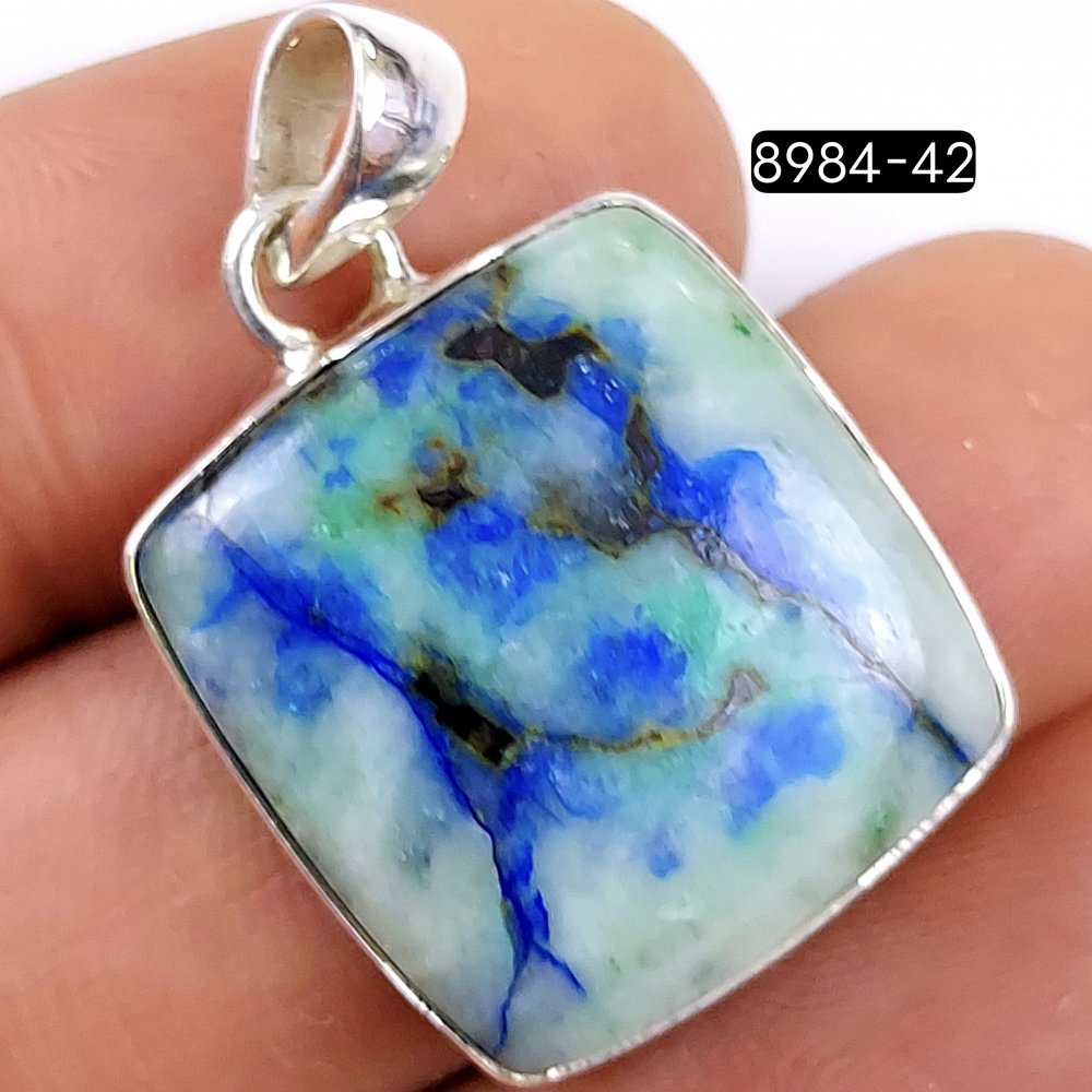 43Cts 925 Sterling Silver Natural Blue Azurite Cabochon Gemstone Cushion Shape Jewelry Pendant27x21mm#8984-42