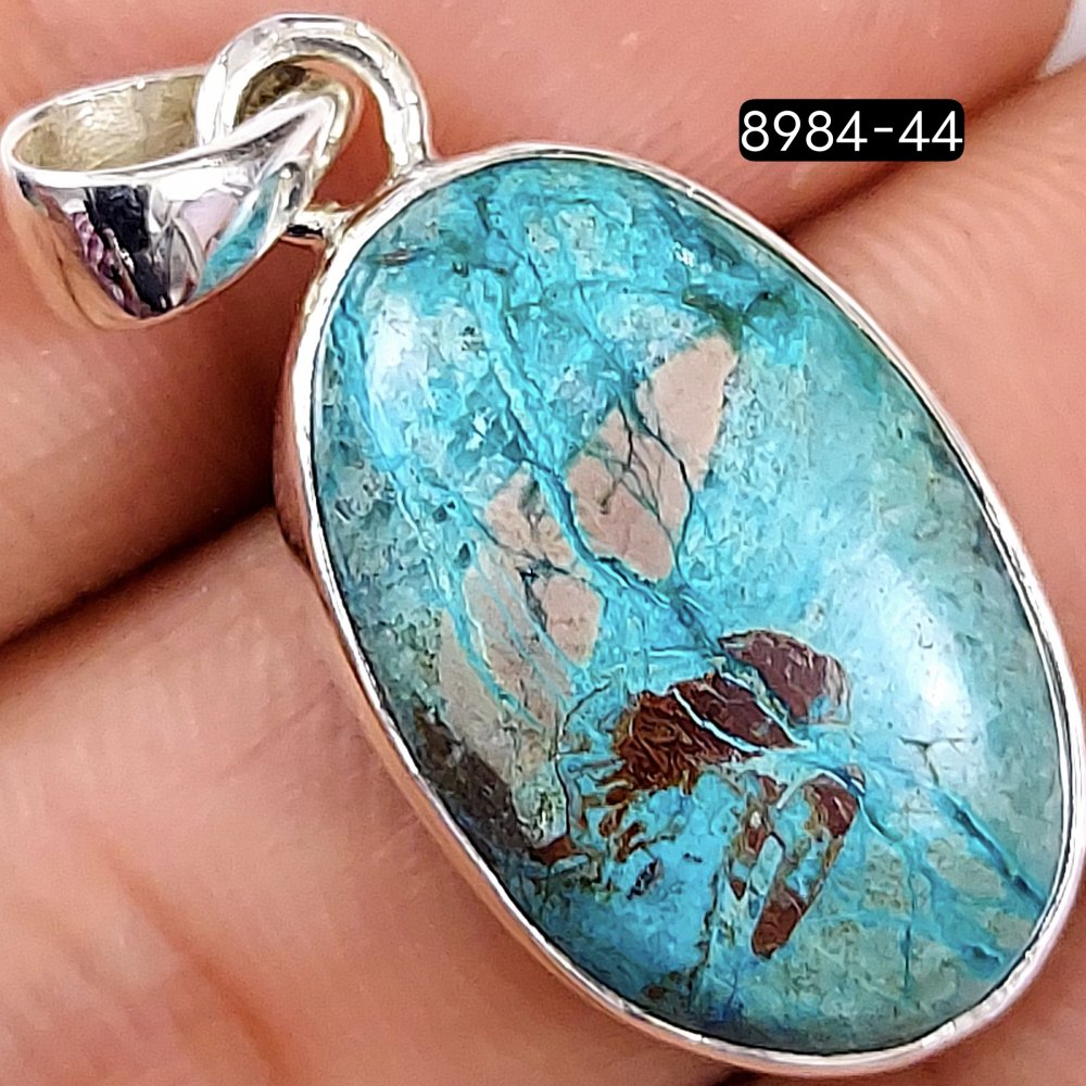 28Cts 925 Sterling Silver Natural Chrysocolla Cabochon Gemstone Oval Shape Jewelry Pendant29x15mm#8984-44