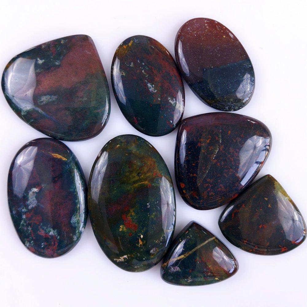8Pcs 485Cts  Natural Green Blood Stone Loose Cabochon Gemstone Lot For Jewelry Making Gift For Her 50x32 28x22 mm#899