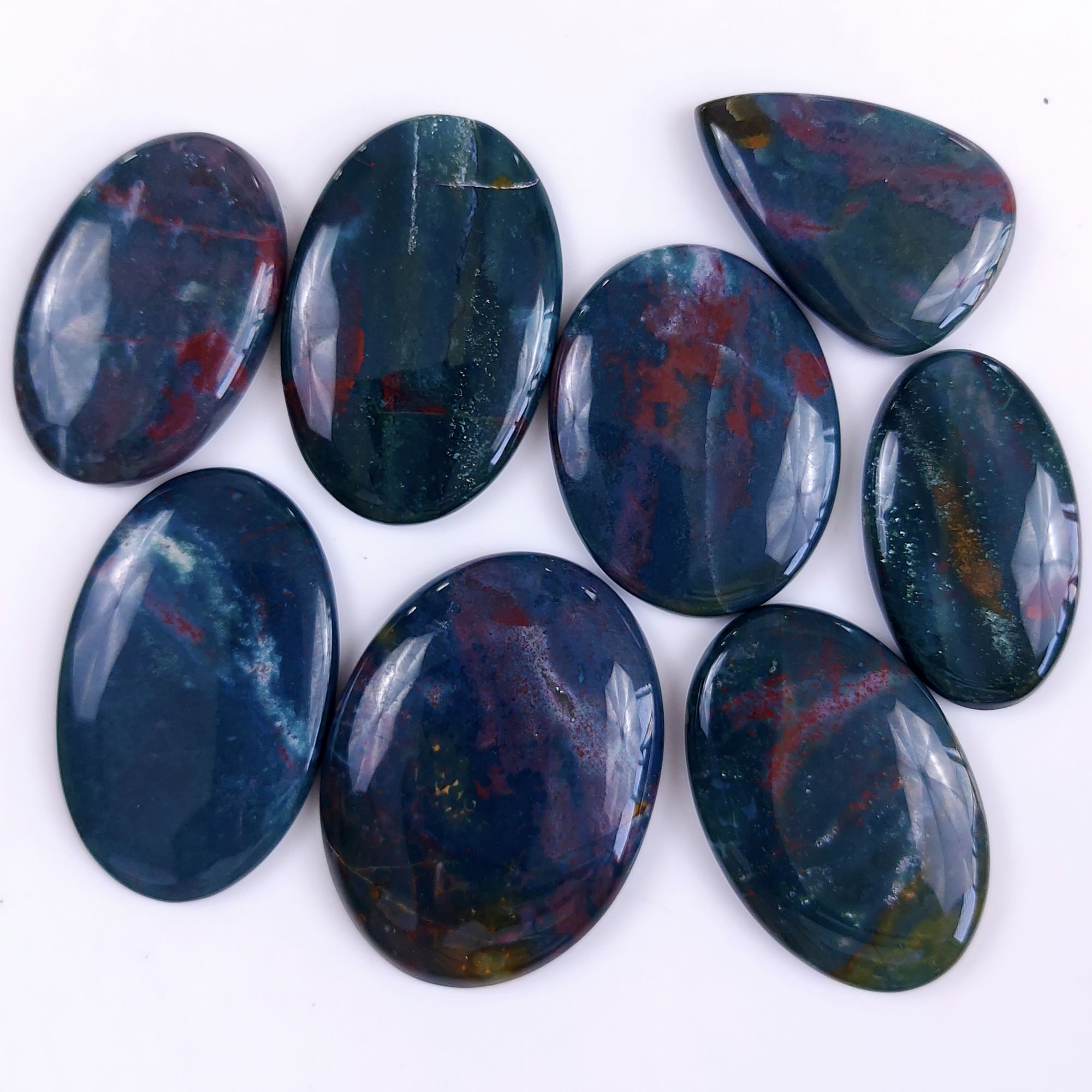 8Pcs 488Cts  Natural Green Blood Stone Loose Cabochon Gemstone Lot For Jewelry Making Gift For Her 45x30 37x22mm#900