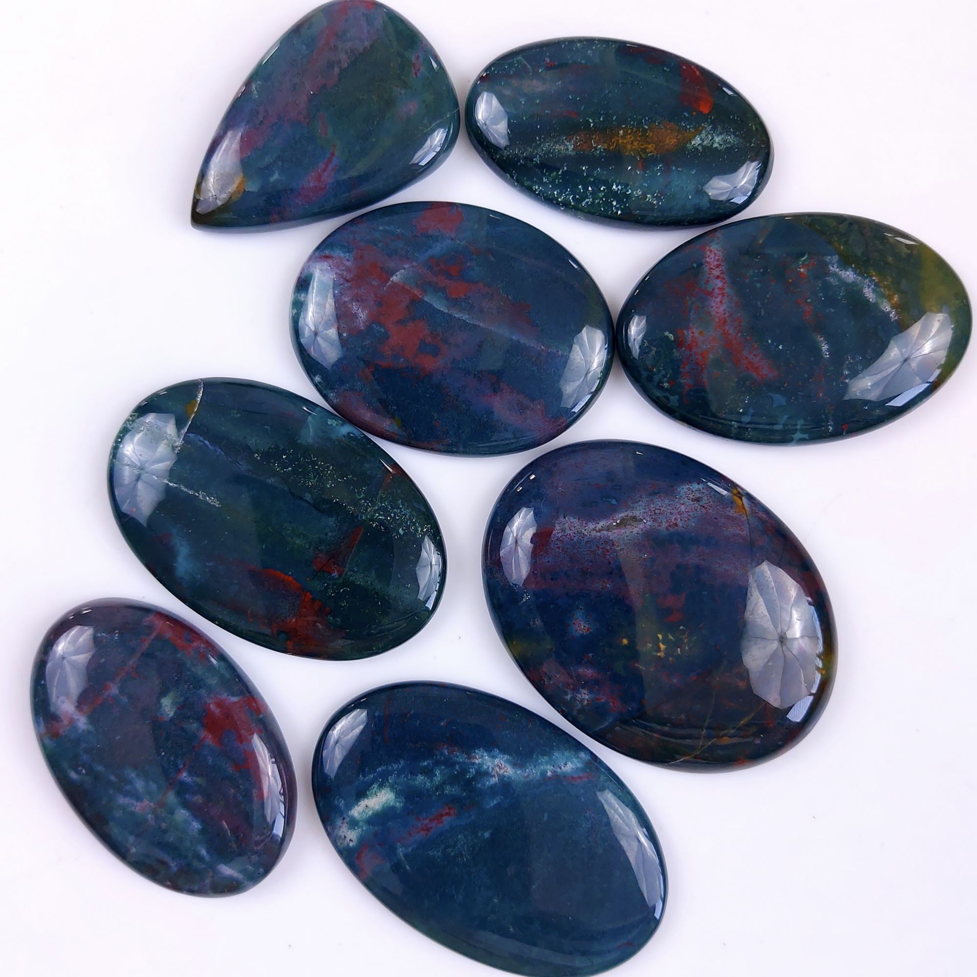 8Pcs 488Cts  Natural Green Blood Stone Loose Cabochon Gemstone Lot For Jewelry Making Gift For Her 45x30 37x22mm#900