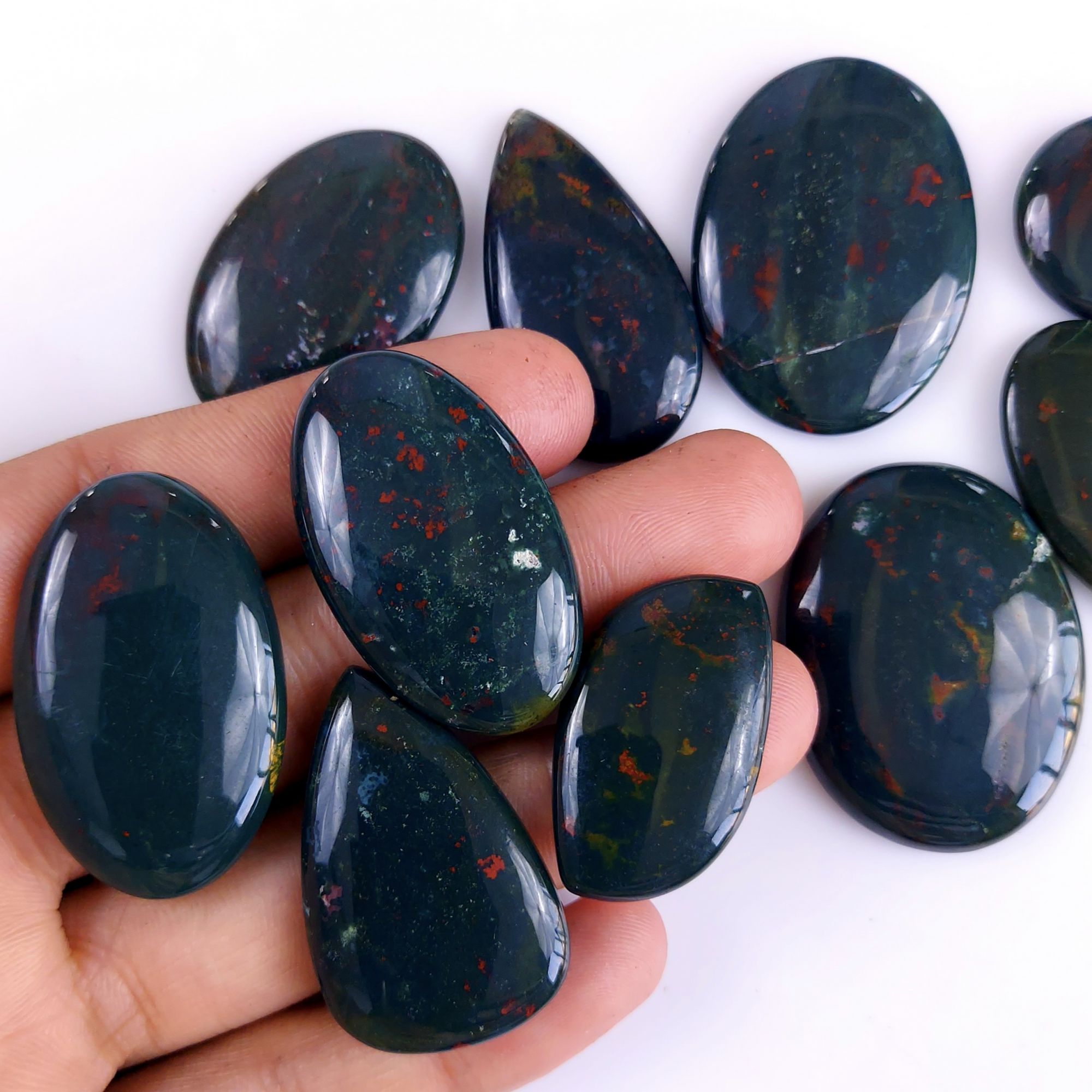 11Pcs 472Cts  Natural Green Blood Stone Loose Cabochon Gemstone Lot For Jewelry Making Gift For Her 40x30 23x23 mm#901