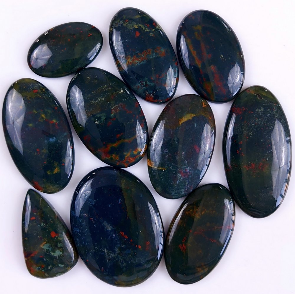 11Pcs 501Cts  Natural Green Blood Stone Loose Cabochon Gemstone Lot For Jewelry Making Gift For Her 50x25 30x18 mm#902