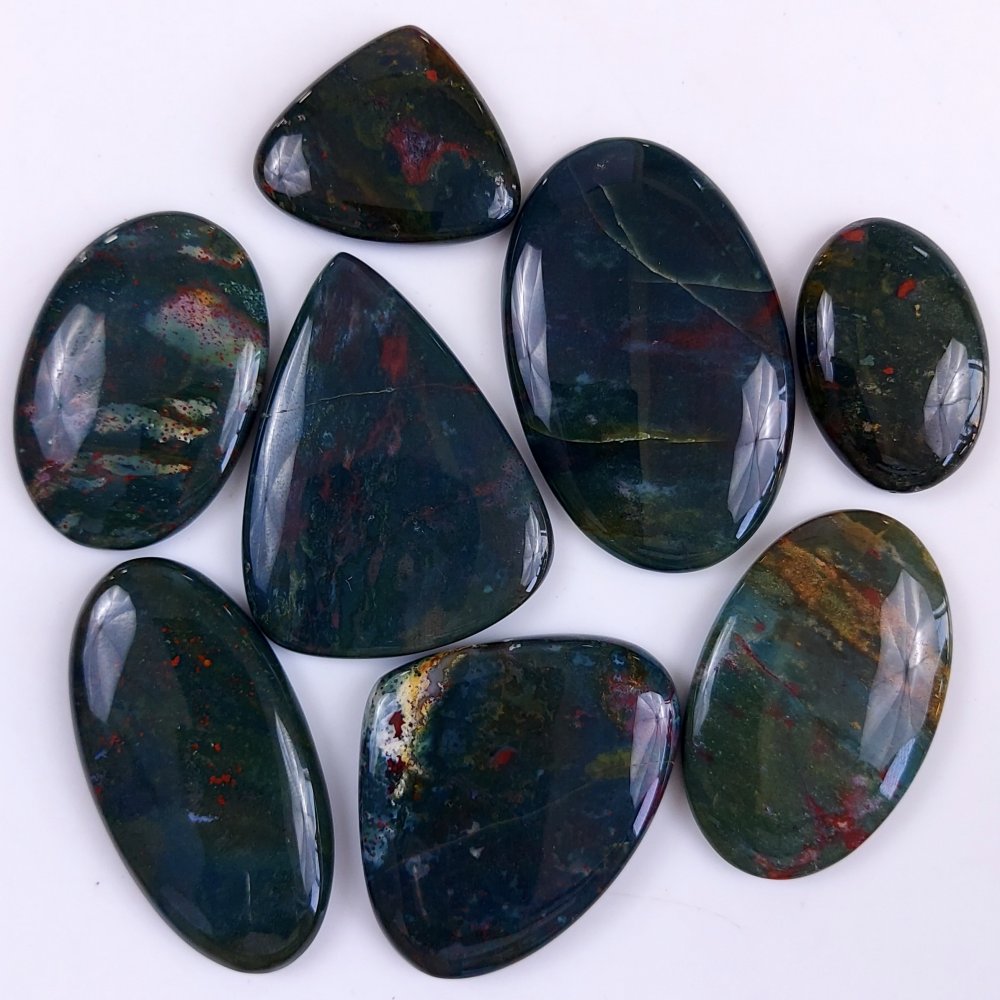 8Pcs 446Cts  Natural Green Blood Stone Loose Cabochon Gemstone Lot For Jewelry Making Gift For Her 50x30 30x20 mm#904