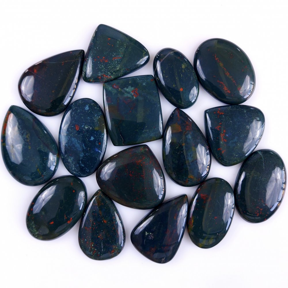 15Pcs 652Cts  Natural Green Blood Stone Loose Cabochon Gemstone Lot For Jewelry Making Gift For Her 38x27 32x18 mm#905