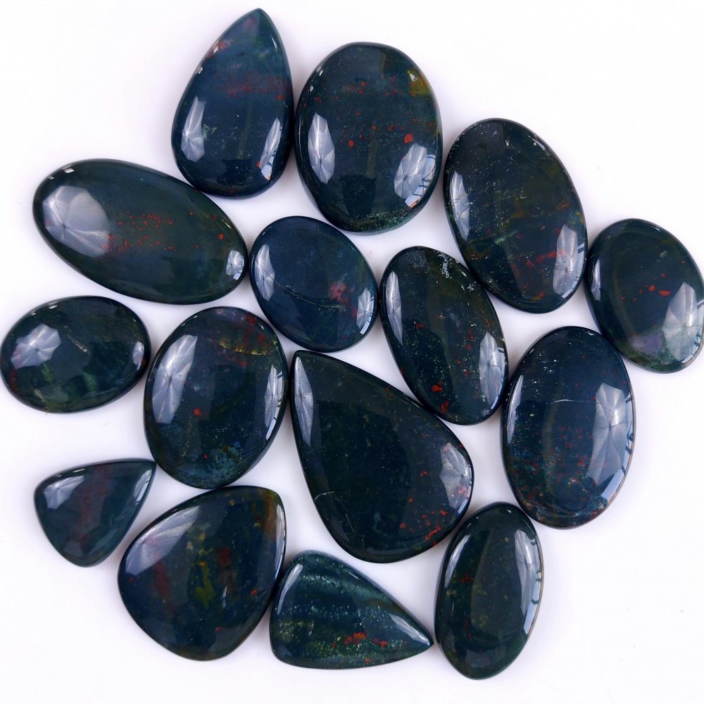 15Pcs 648Cts  Natural Green Blood Stone Loose Cabochon Gemstone Lot For Jewelry Making Gift For Her 45x30 25x21 mm#906