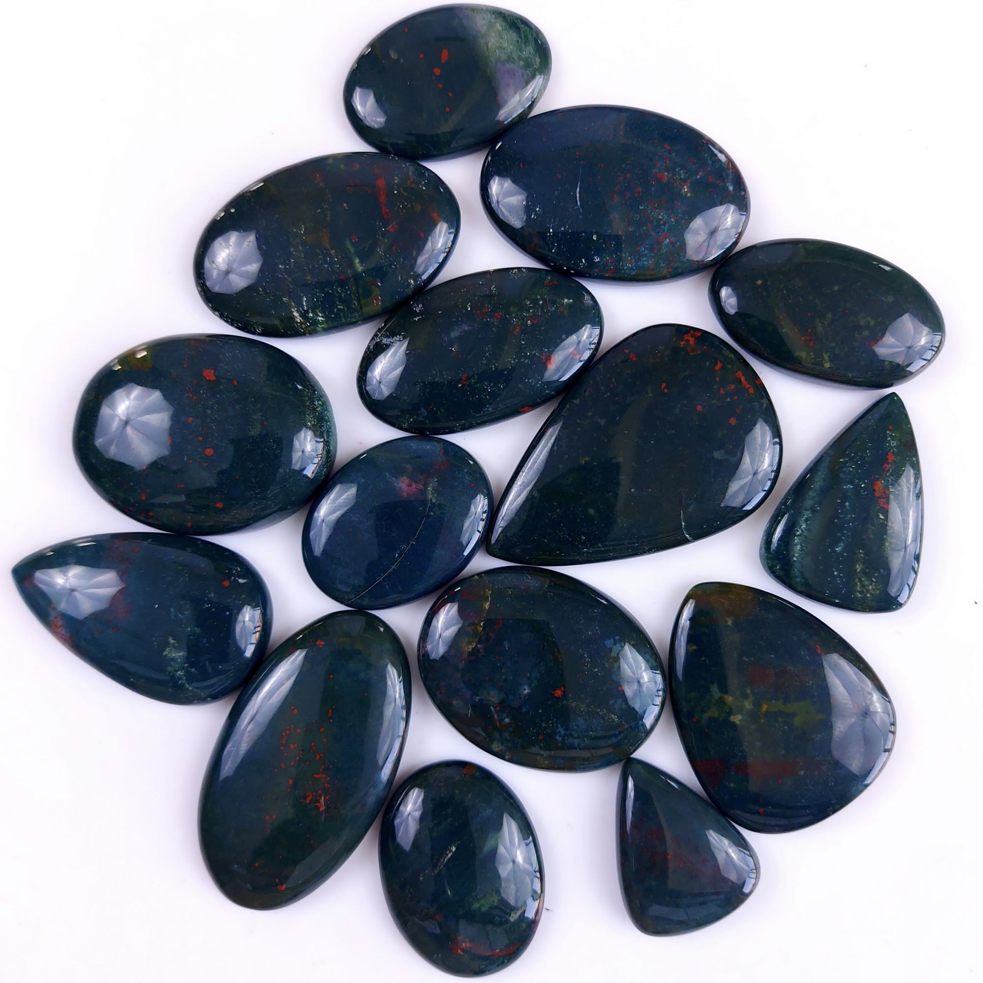 15Pcs 648Cts  Natural Green Blood Stone Loose Cabochon Gemstone Lot For Jewelry Making Gift For Her 45x30 25x21 mm#906