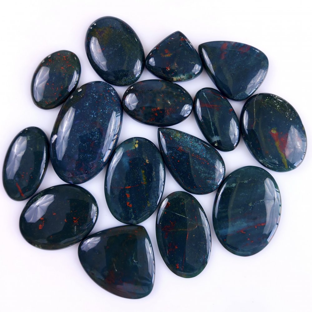 15Pcs 647Cts  Natural Green Blood Stone Loose Cabochon Gemstone Lot For Jewelry Making Gift For Her 45x30 32x14mm#907