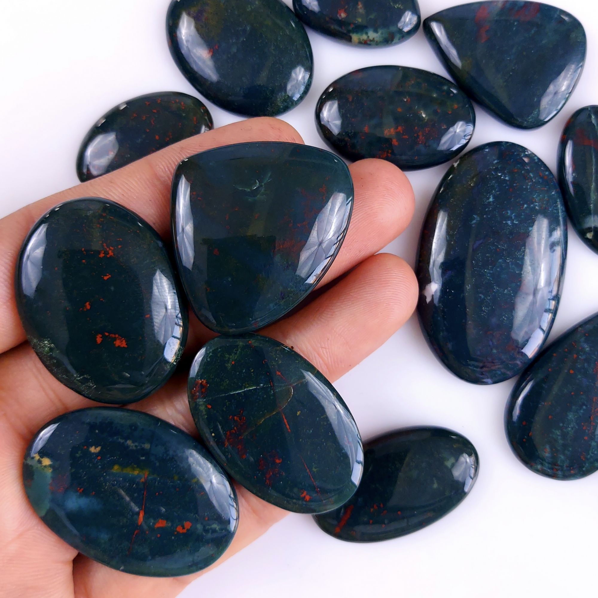 15Pcs 647Cts  Natural Green Blood Stone Loose Cabochon Gemstone Lot For Jewelry Making Gift For Her 45x30 32x14mm#907