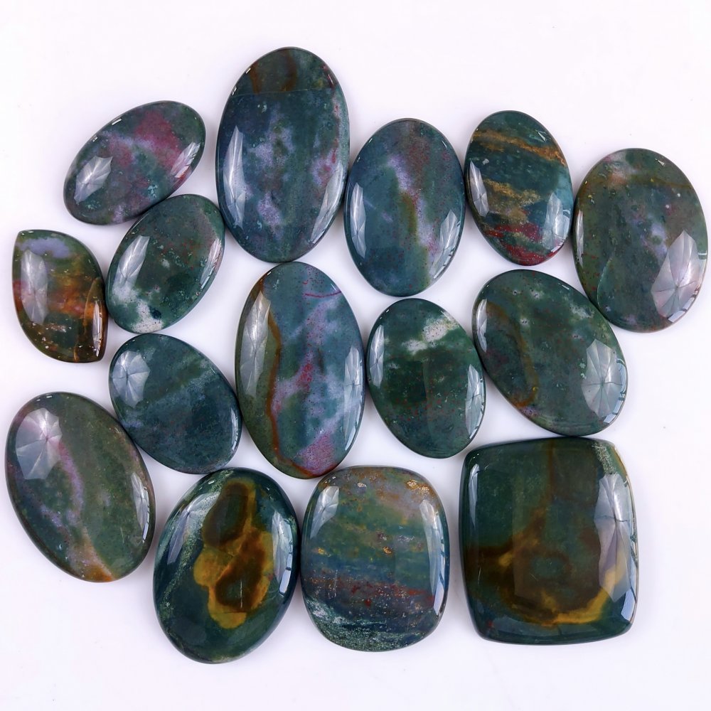 15Pcs 708Cts  Natural Green Blood Stone Loose Cabochon Gemstone Lot For Jewelry Making Gift For Her 38x22 26x16mm#908