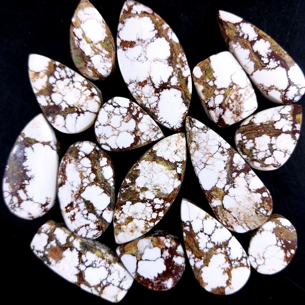 15Pcs 383Cts Natural Wild Horse Magnesite Turquoise Cabochon Polished Loose Gemstone Both Side Flat Back Multi Jewelry Making Crystal 38x16 14x10mm