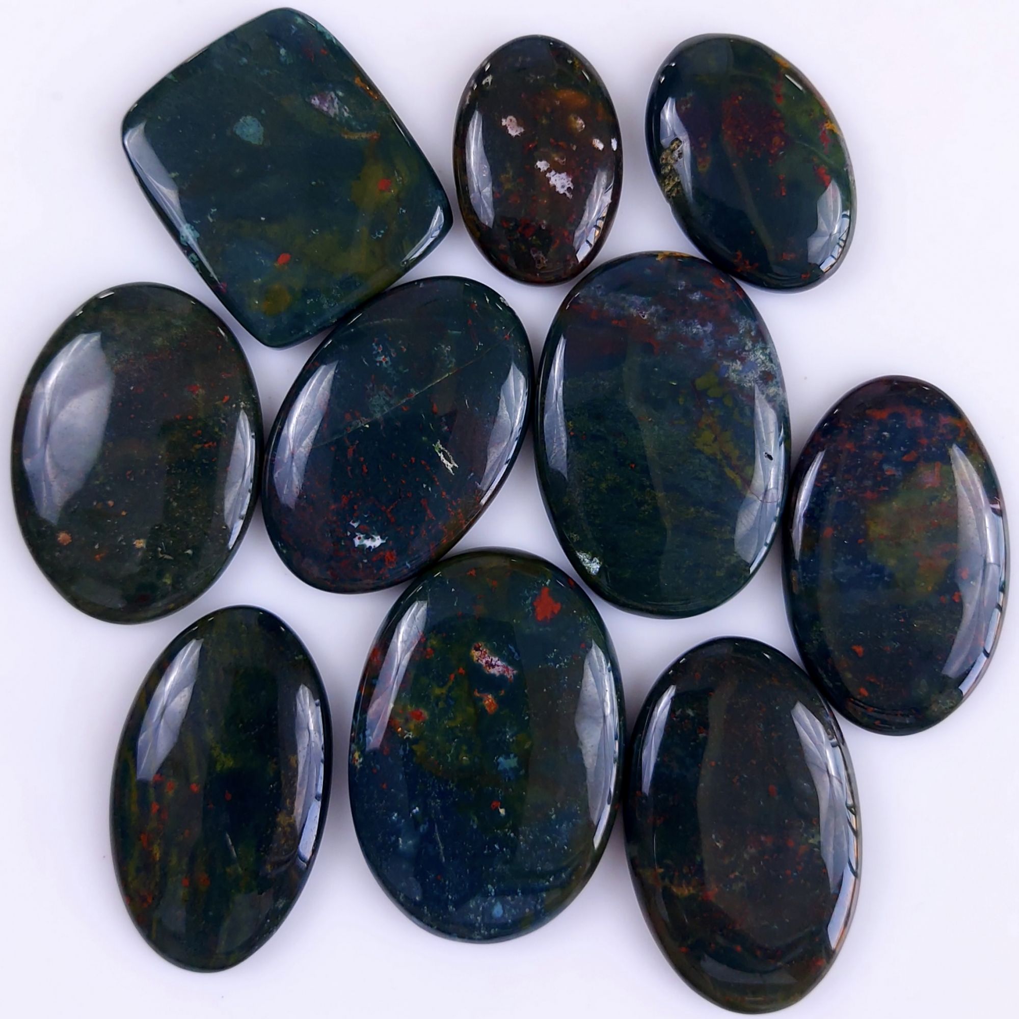 10Pcs 439Cts  Natural Green Blood Stone Loose Cabochon Gemstone Lot For Jewelry Making Gift For Her 40x30 27x17mm#909