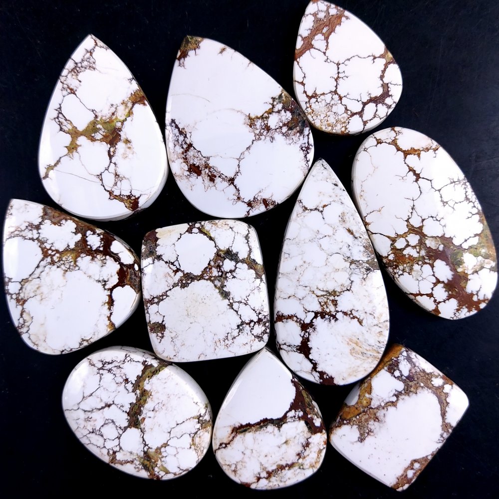 10Pcs 399Cts Natural Wild Horse Magnesite Turquoise Cabochon Polished Loose Gemstone Both Side Flat Back Multi Jewelry Making Crystal 42x20 25x17 mm