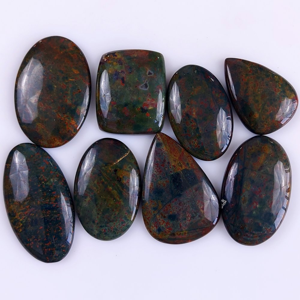 8Pcs 363Cts  Natural Green Blood Stone Loose Cabochon Gemstone Lot For Jewelry Making Gift For Her 45x18 32x22 mm#911