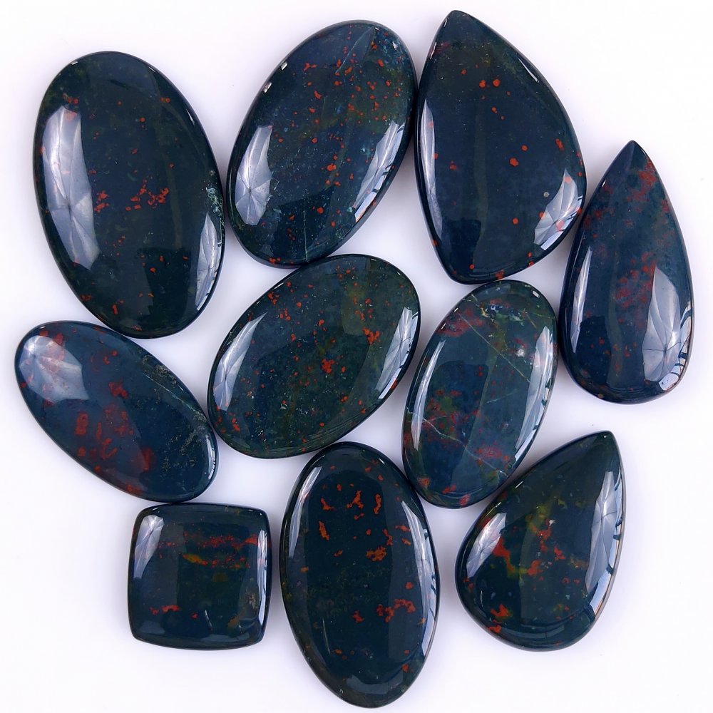 10Pcs 371Cts  Natural Green Blood Stone Loose Cabochon Gemstone Lot For Jewelry Making Gift For Her 45x27 22x20 mm#913