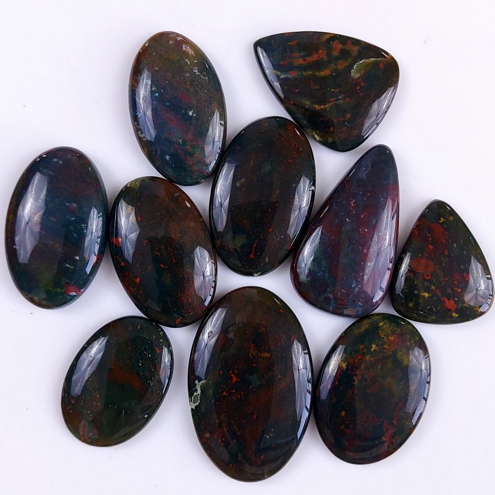 10Pcs 325Cts  Natural Green Blood Stone Loose Cabochon Gemstone Lot For Jewelry Making Gift For Her 38x25 28x20 mm#914