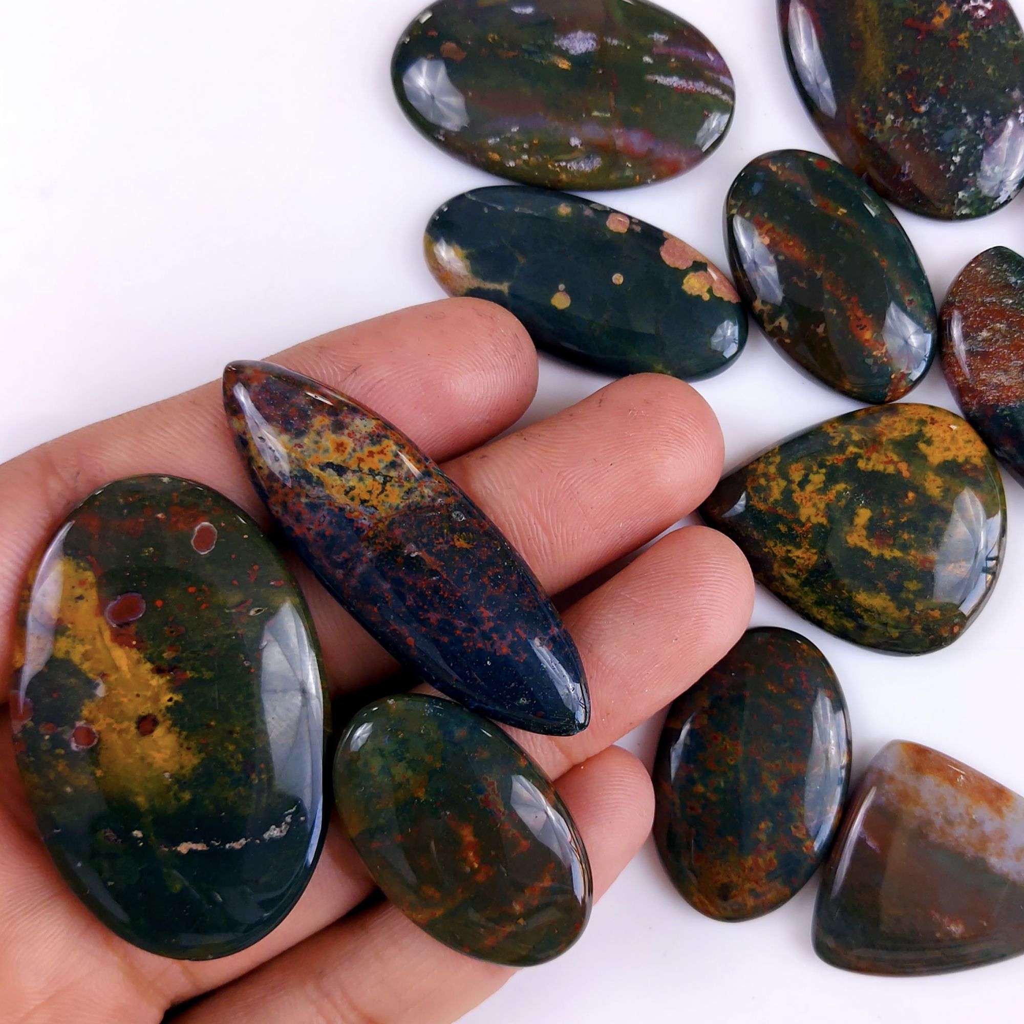 12Pcs 477Cts  Natural Green Blood Stone Loose Cabochon Gemstone Lot For Jewelry Making Gift For Her 50x16 32x18 mm#918
