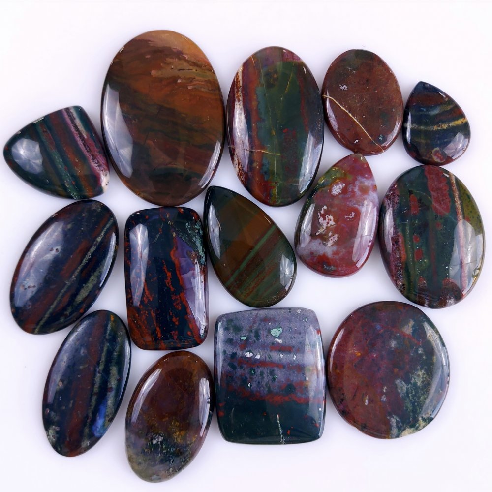 14Pcs 562Cts  Natural Green Blood Stone Loose Cabochon Gemstone Lot For Jewelry Making Gift For Her 45x34 23x17 mm#919