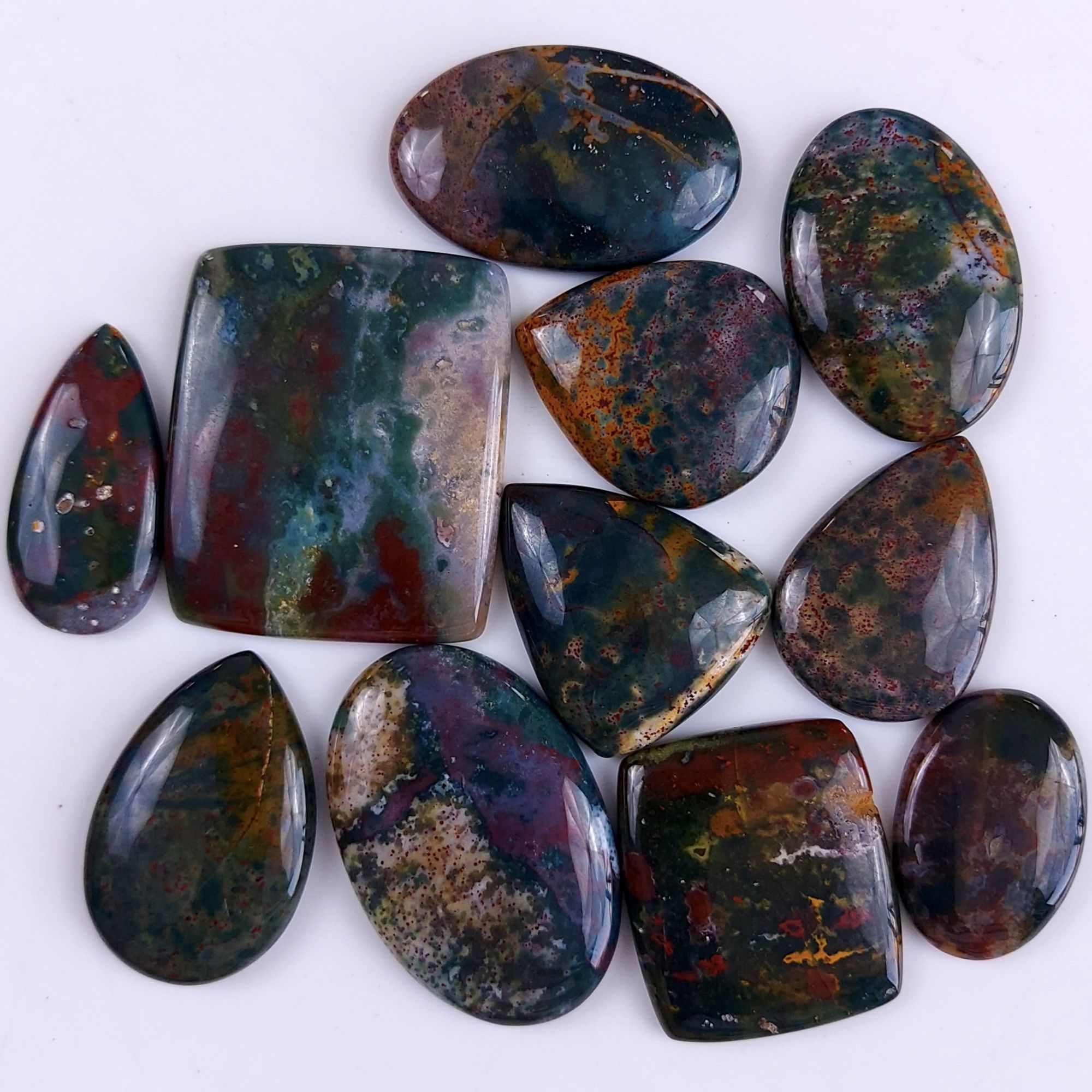 11Pcs 407Cts  Natural Green Blood Stone Loose Cabochon Gemstone Lot For Jewelry Making Gift For Her 40x35 27x18mm#920