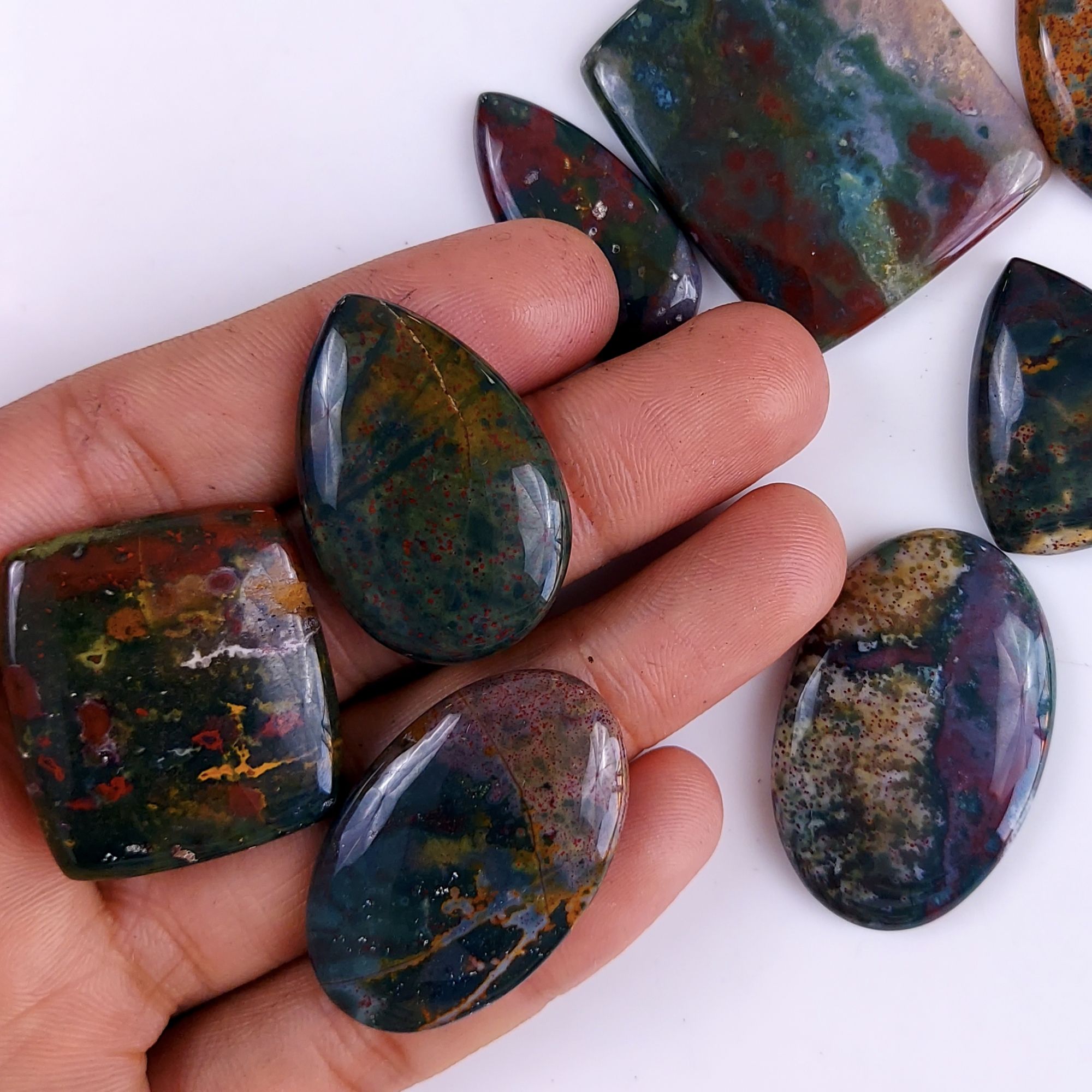 11Pcs 407Cts  Natural Green Blood Stone Loose Cabochon Gemstone Lot For Jewelry Making Gift For Her 40x35 27x18mm#920