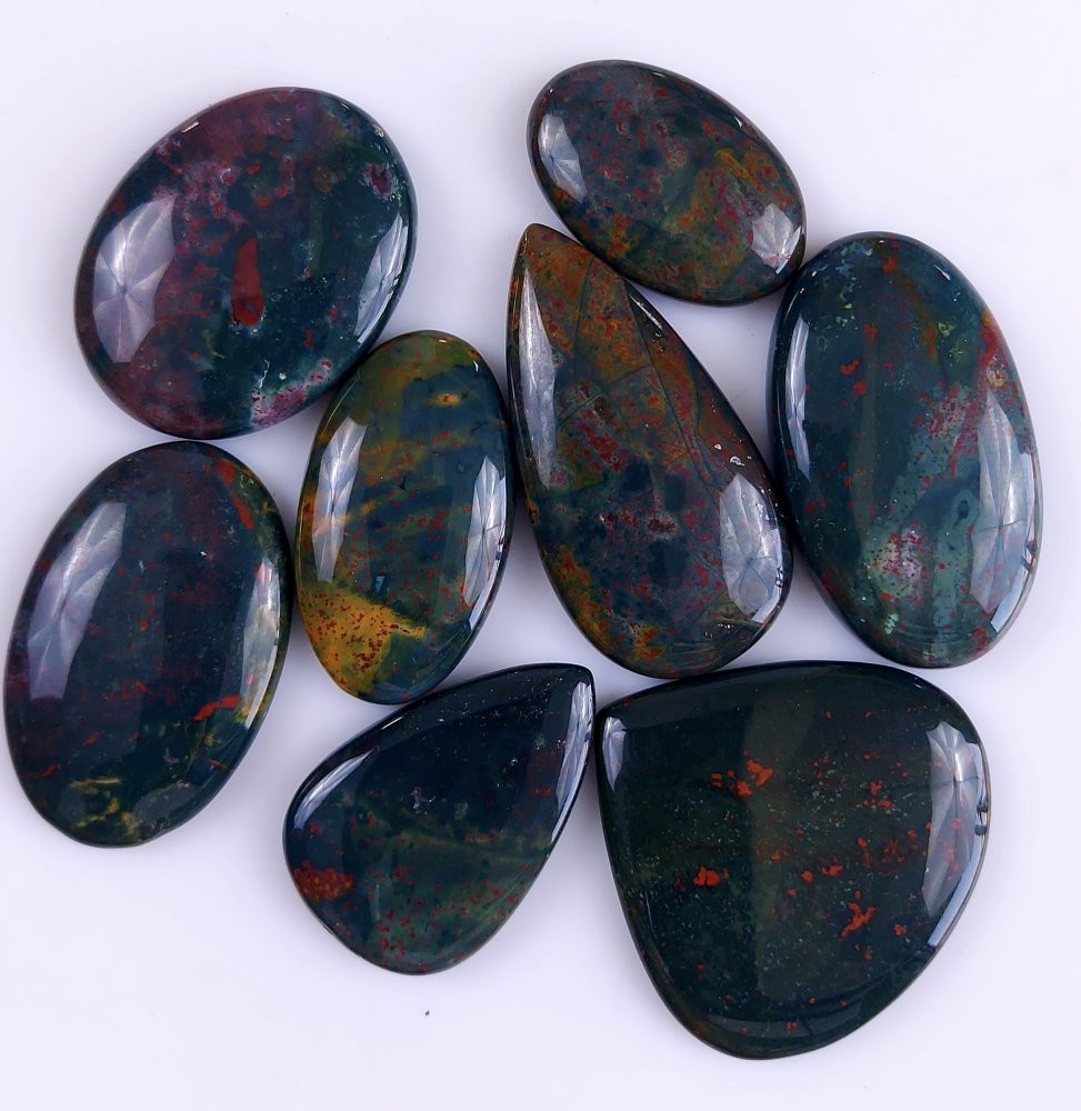 8Pcs 364Cts  Natural Green Blood Stone Loose Cabochon Gemstone Lot For Jewelry Making Gift For Her 40x22 28x18mm#921