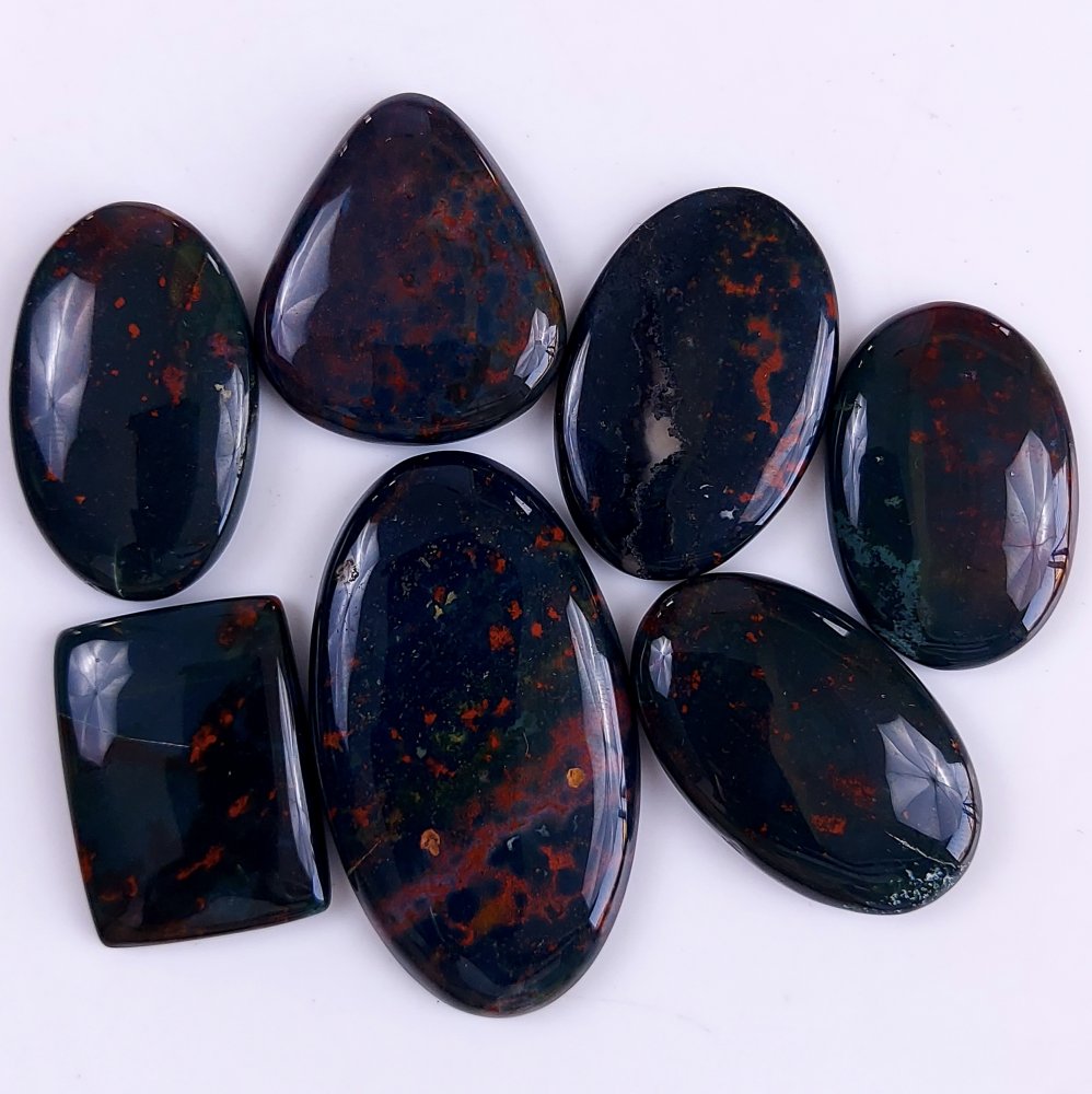 7Pcs 309Cts  Natural Green Blood Stone Loose Cabochon Gemstone Lot For Jewelry Making Gift For Her 50x28 30x22mm#924