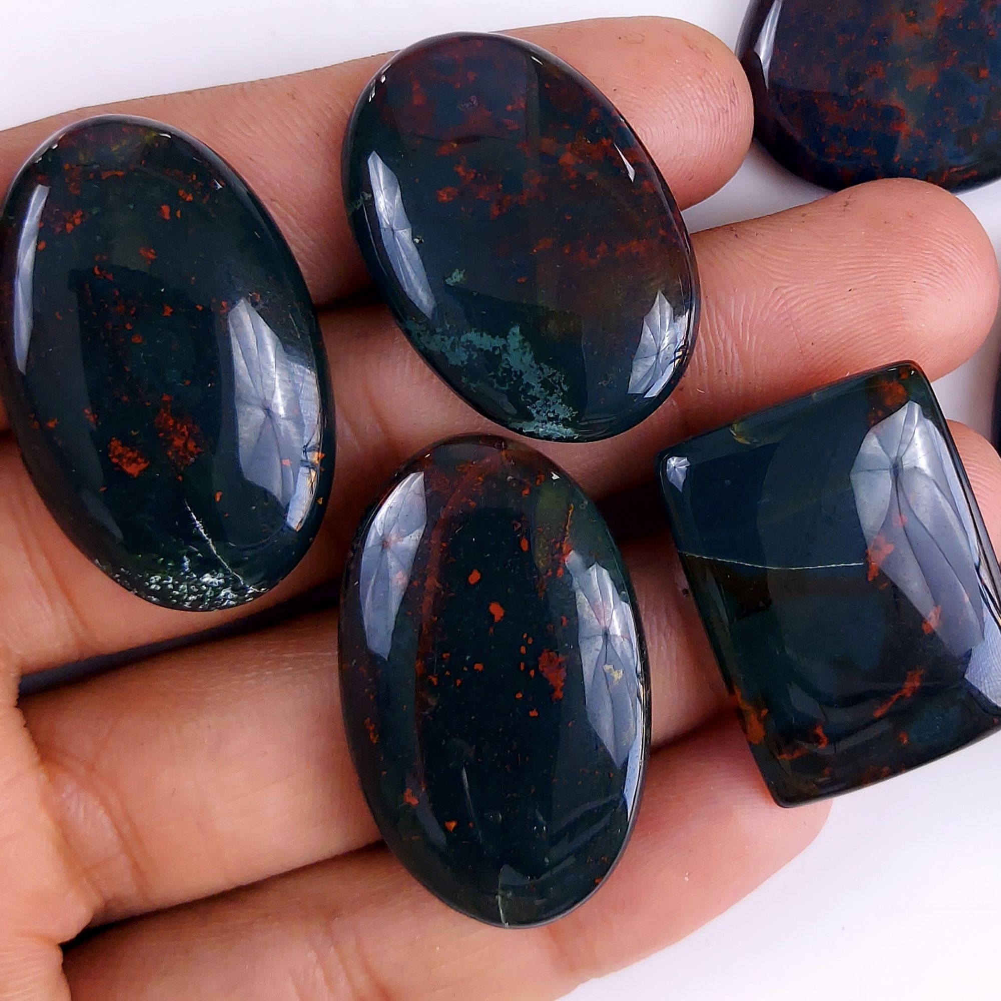 7Pcs 309Cts  Natural Green Blood Stone Loose Cabochon Gemstone Lot For Jewelry Making Gift For Her 50x28 30x22mm#924