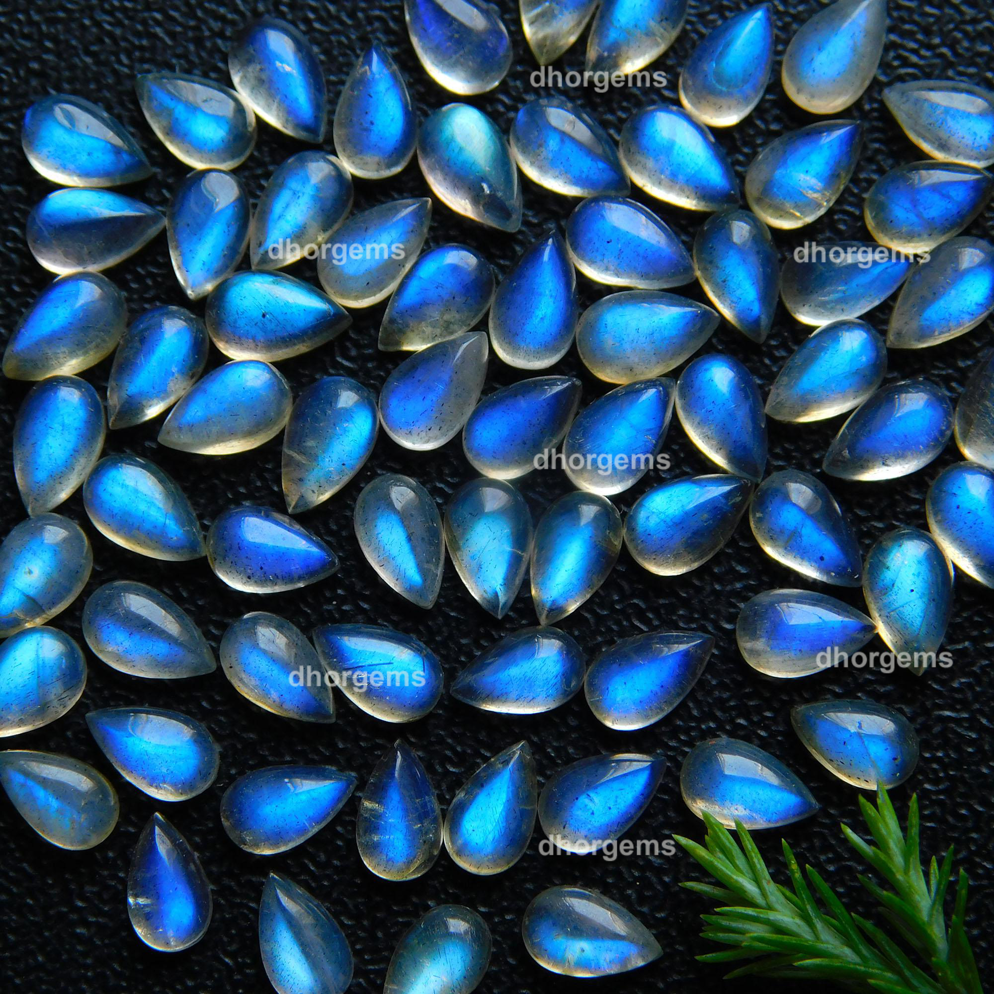 68Pcs 18.2Cts Natural Blue Fire Labradorite Loose Cabochon Calibrated Pear Shape Gemstone Lot 3x5mm#9243