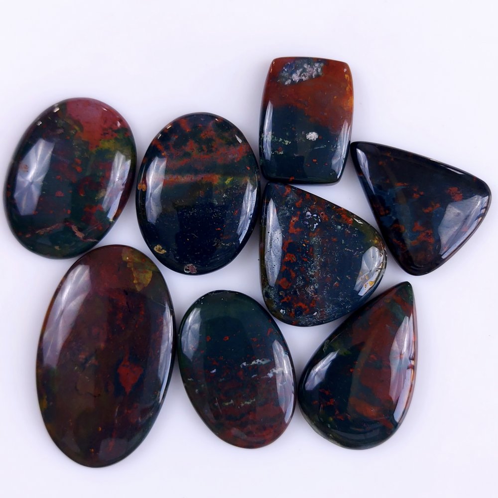 8Pcs 354Cts  Natural Green Blood Stone Loose Cabochon Gemstone Lot For Jewelry Making Gift For Her 45x29 27x20 mm#925