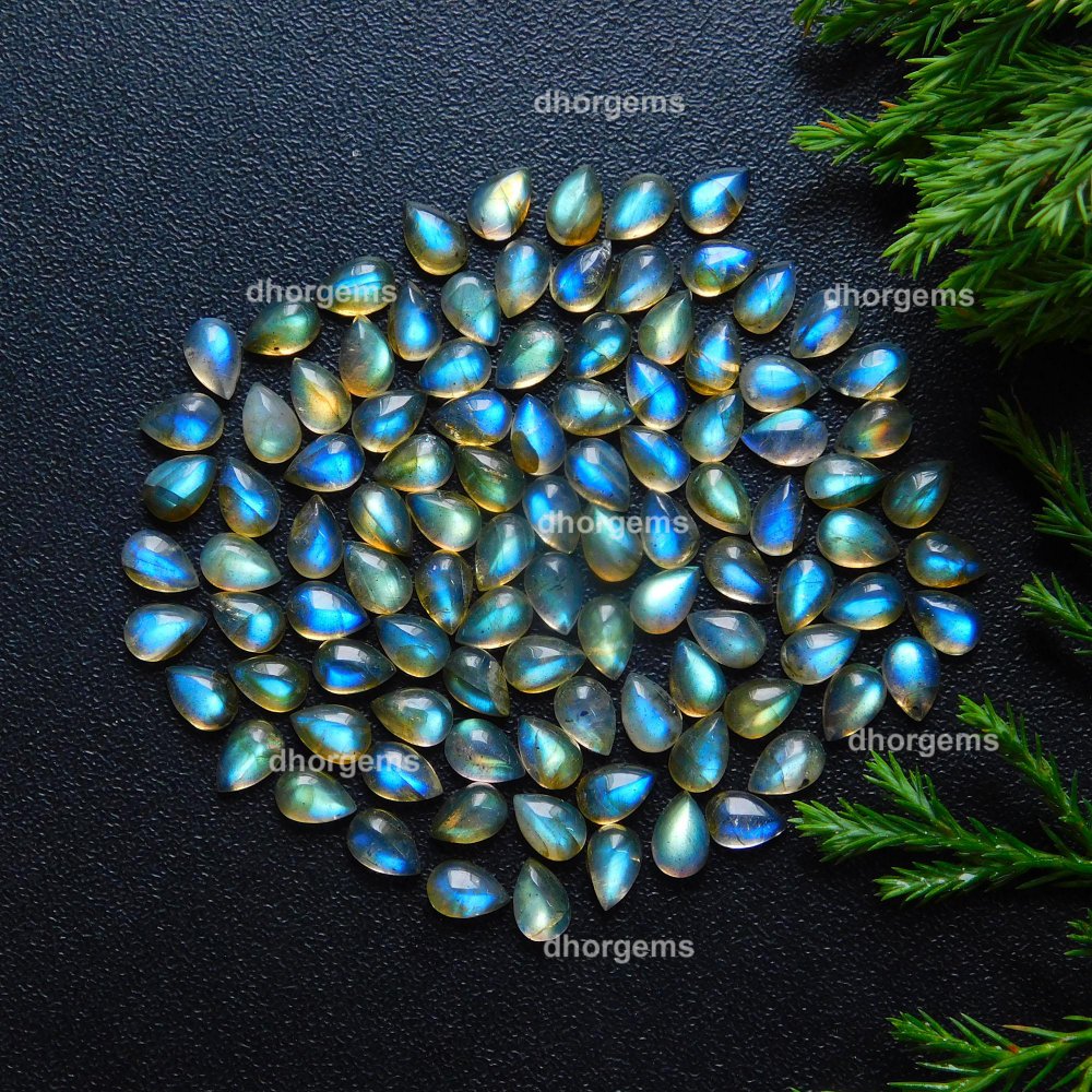 102Pcs 49.65Cts Natural Blue Fire Labradorite Loose Cabochon Calibrated Pear Shape Gemstone Lot 4x6mm#9254