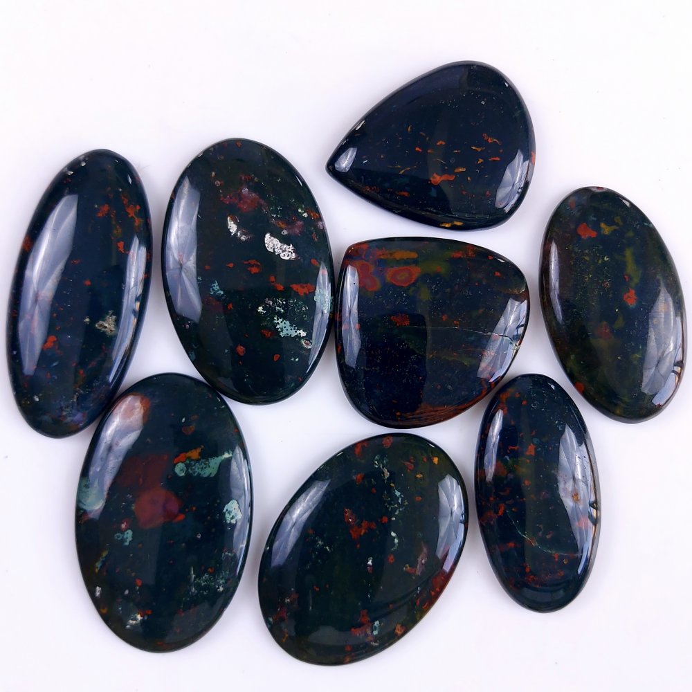 8Pcs 451Cts  Natural Green Blood Stone Loose Cabochon Gemstone Lot For Jewelry Making Gift For Her 50x23 37x29 mm#926