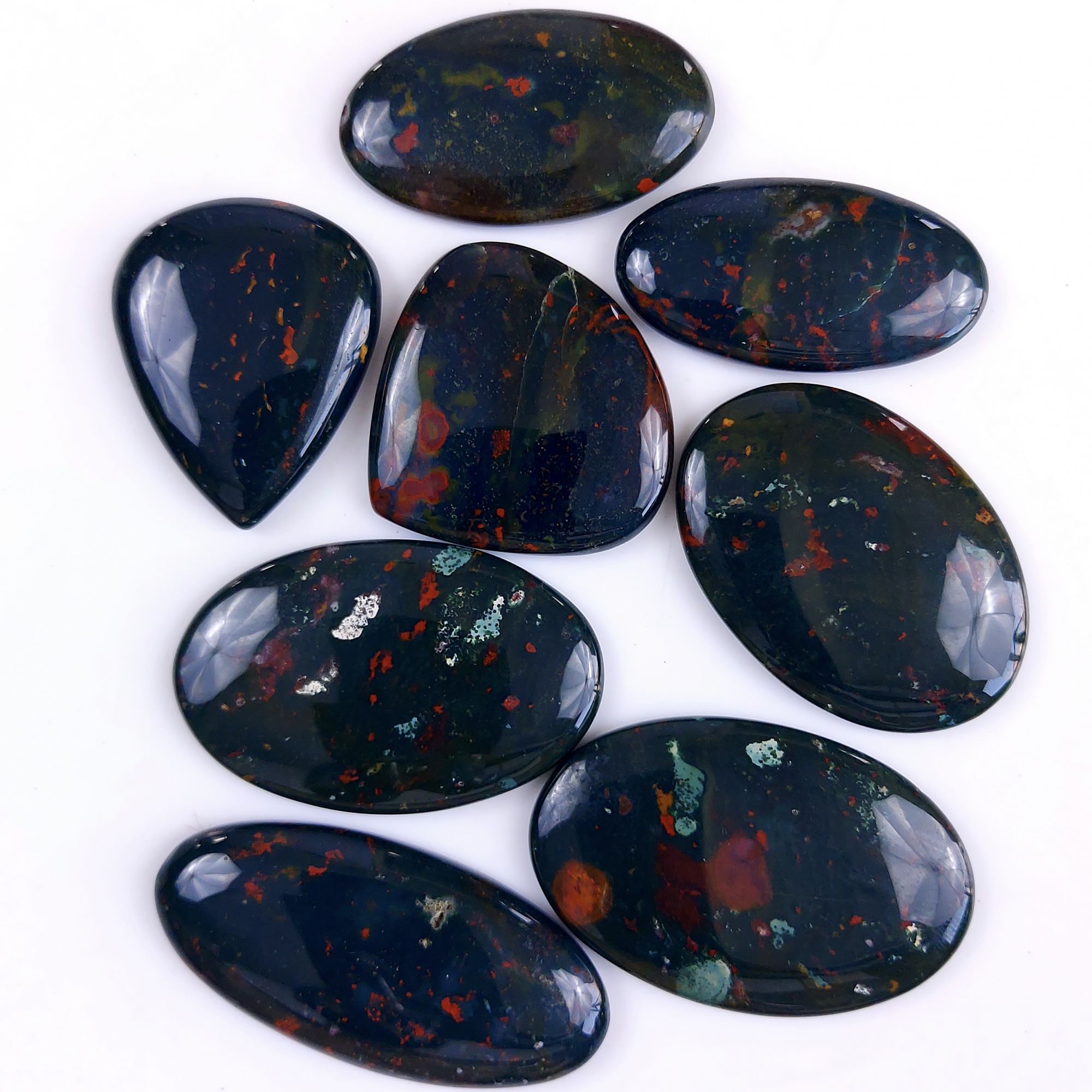 8Pcs 451Cts  Natural Green Blood Stone Loose Cabochon Gemstone Lot For Jewelry Making Gift For Her 50x23 37x29 mm#926