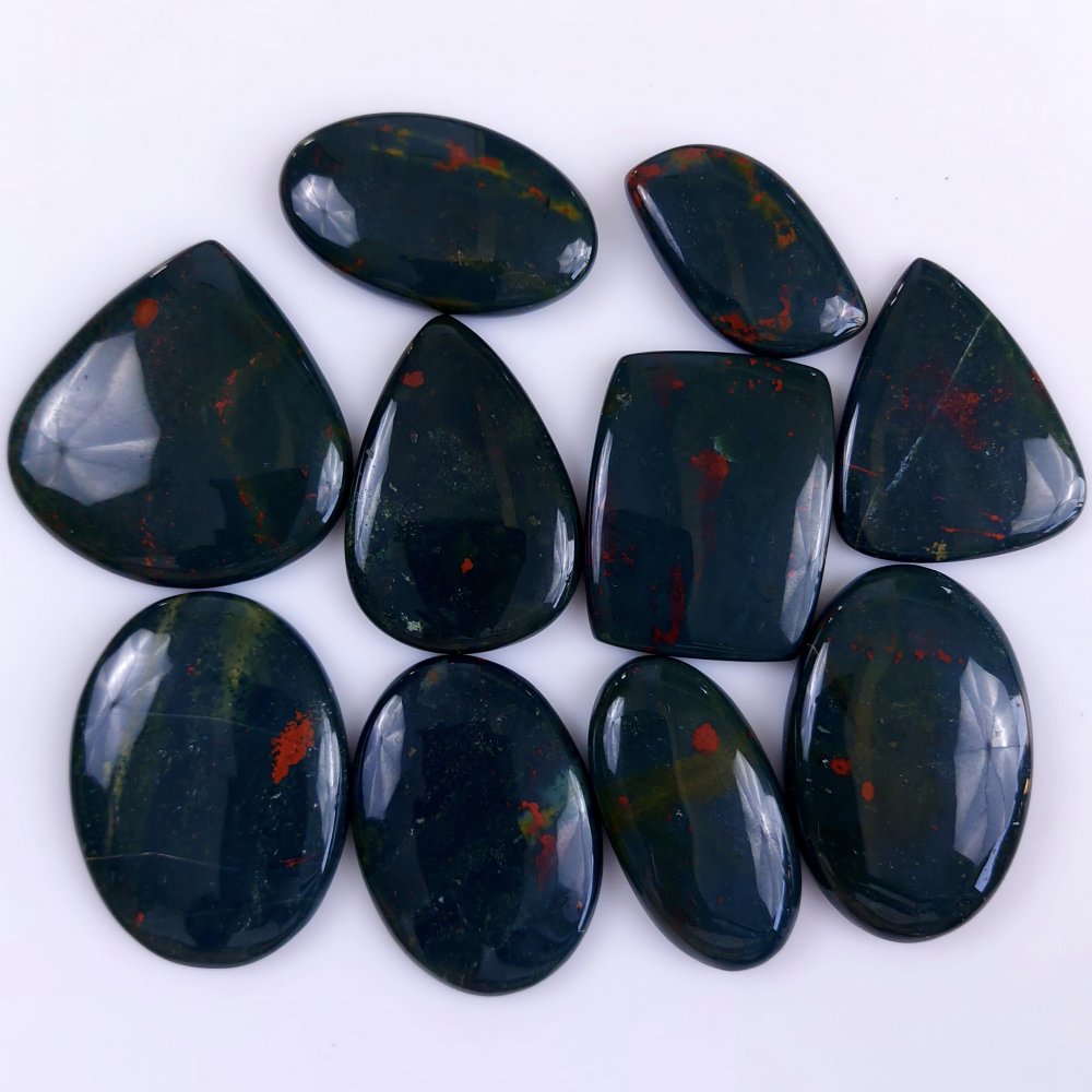 10Pcs 499Cts  Natural Green Blood Stone Loose Cabochon Gemstone Lot For Jewelry Making Gift For Her 42x27 32x17 mm#927