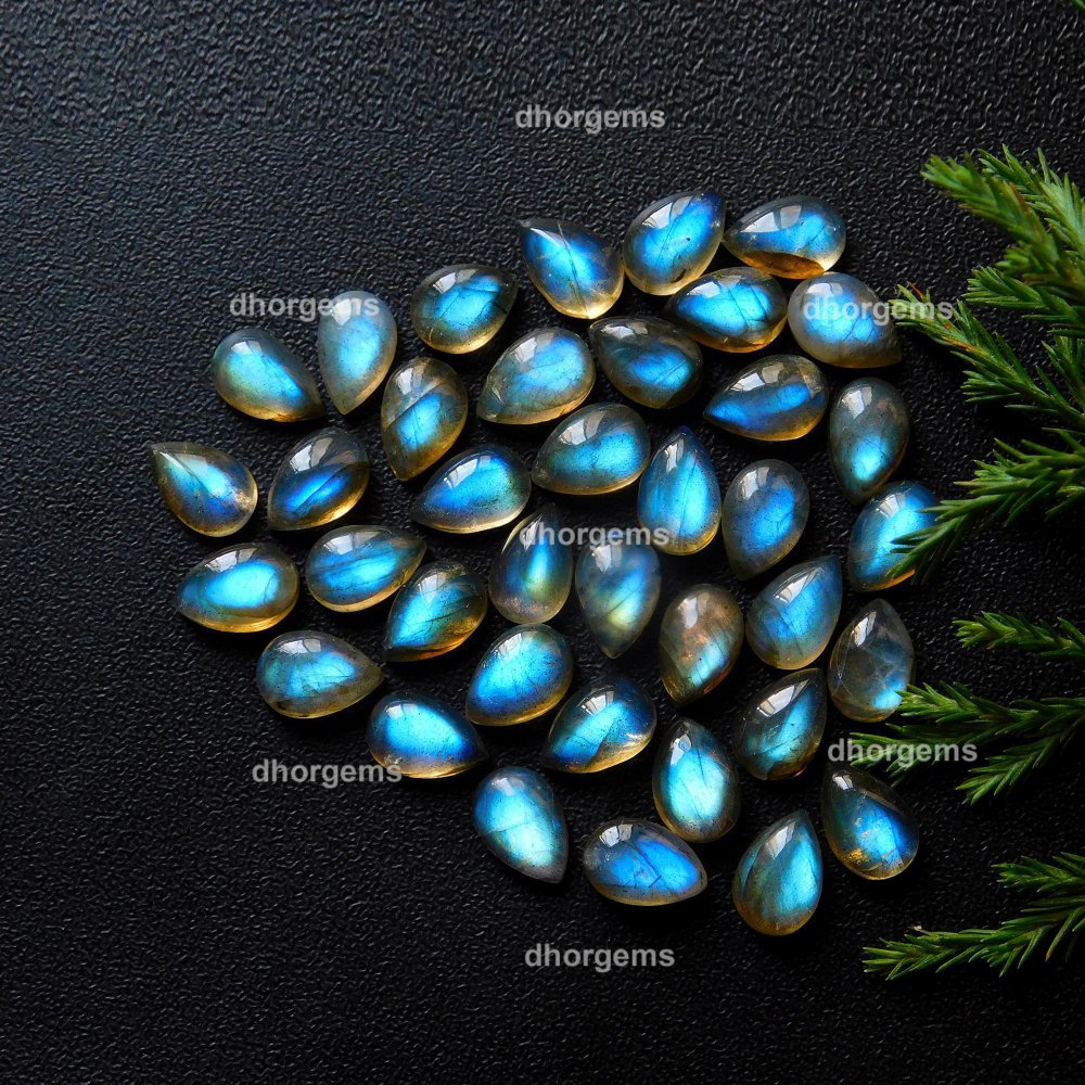 38Pcs 63.6Cts Natural Blue Fire Labradorite Loose Cabochon Calibrated Pear Shape Gemstone Lot 6x9mm#9271