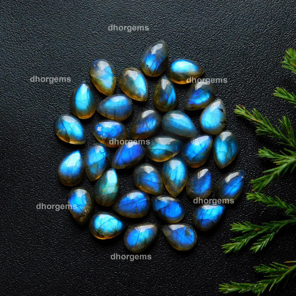 31Pcs 75Cts Natural Blue Fire Labradorite Loose Cabochon Calibrated Pear Shape Gemstone Lot 7x10mm#9272