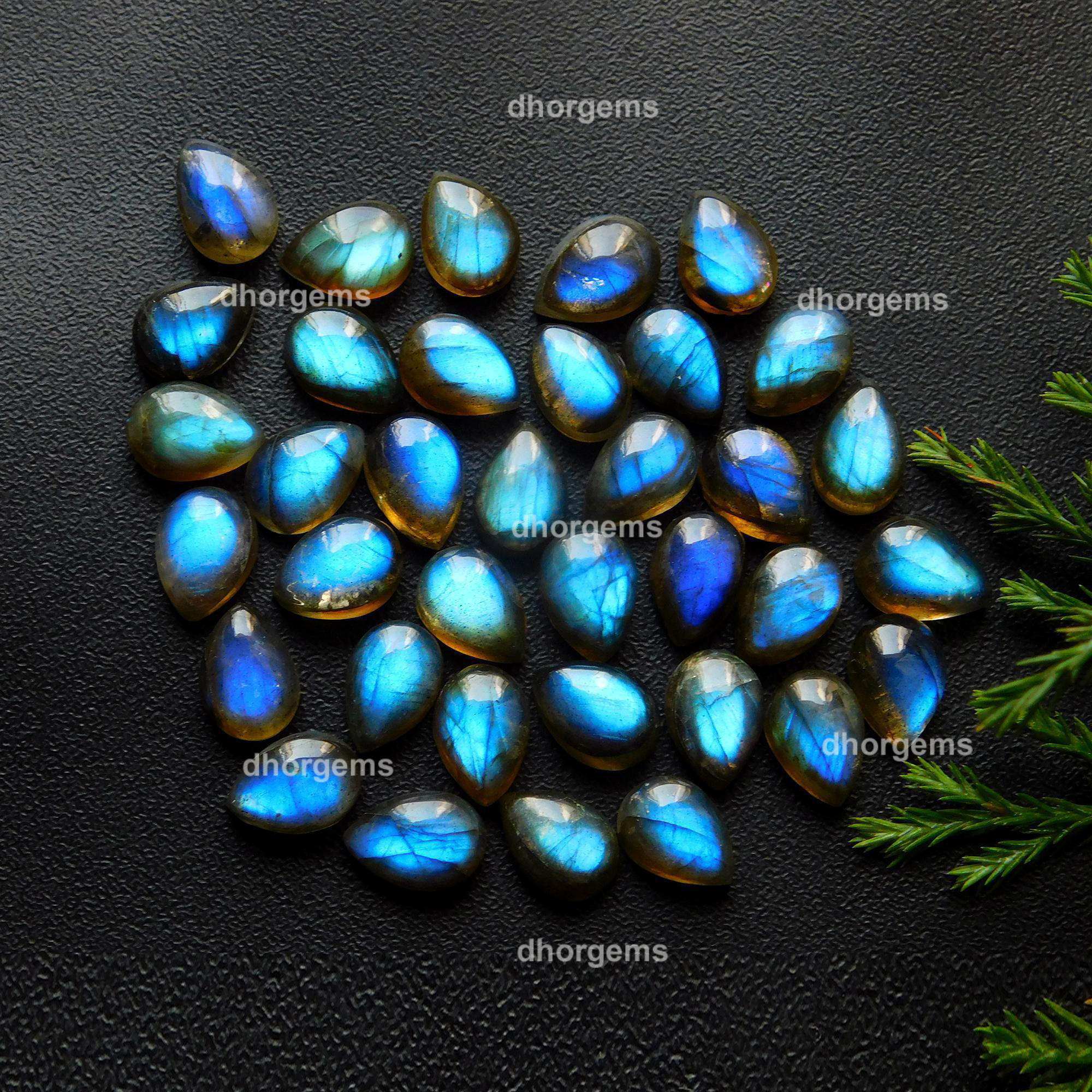 36Pcs 94.25Cts Natural Blue Fire Labradorite Loose Cabochon Calibrated Pear Shape Gemstone Lot 7x10mm#9274