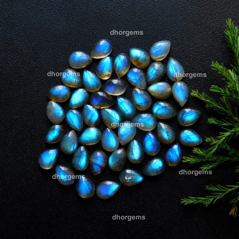 45Pcs 105.35Cts Natural Blue Fire Labradorite Loose Cabochon Calibrated Pear Shape Gemstone Lot 7x10mm#9276