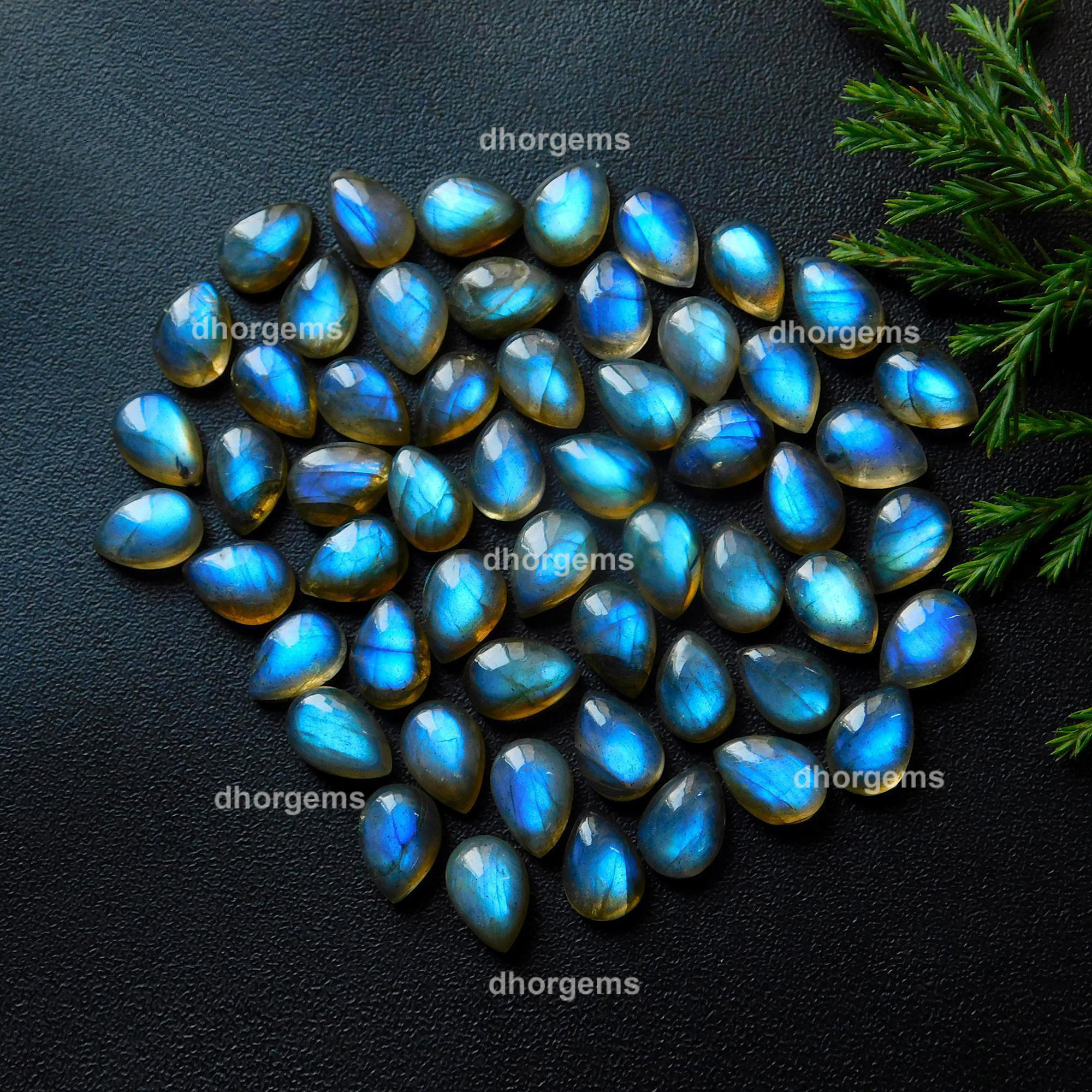 55Pcs 133.35Cts Natural Blue Fire Labradorite Loose Cabochon Calibrated Pear Shape Gemstone Lot 7x10mm#9277